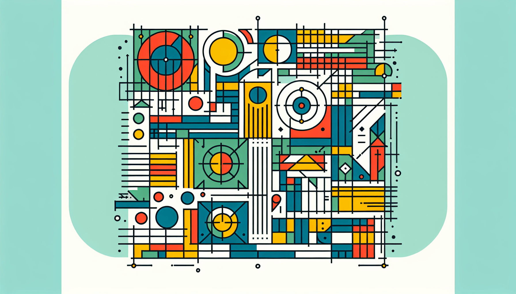 Blueprint in flat illustration style and white background, red #f47574, green #88c7a8, yellow #fcc44b, and blue #645bc8 colors.