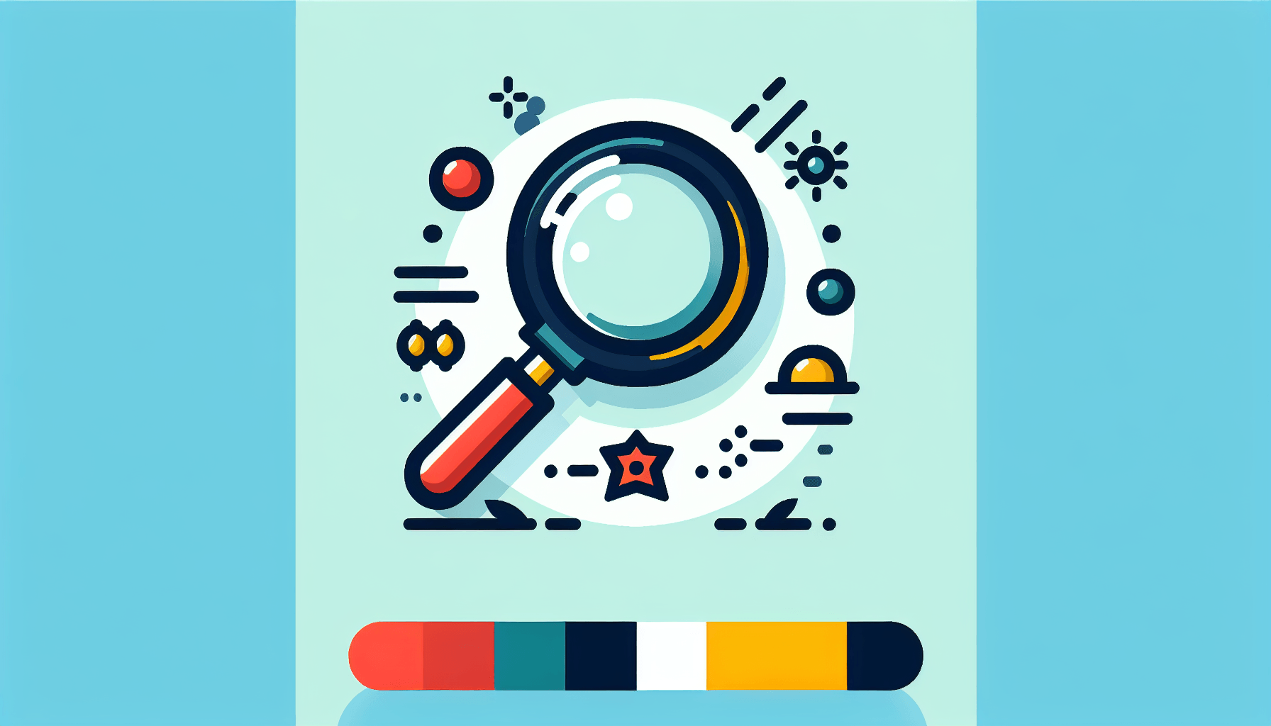 Magnifying glass in flat illustration style and white background, red #f47574, green #88c7a8, yellow #fcc44b, and blue #645bc8 colors.