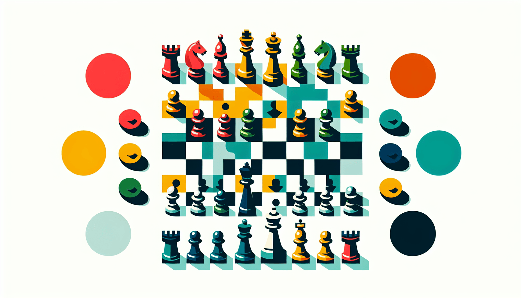 Chessboard in flat illustration style and white background, red #f47574, green #88c7a8, yellow #fcc44b, and blue #645bc8 colors.