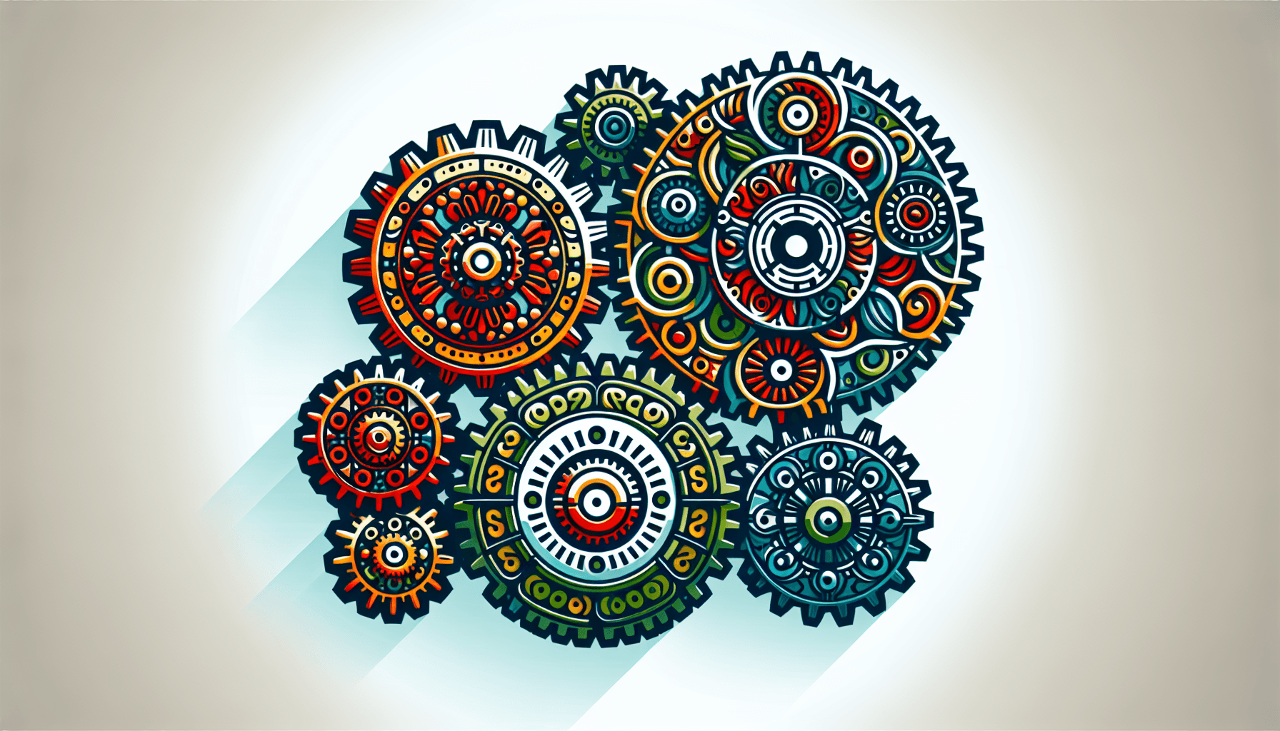 Gears in flat illustration style and white background, red #f47574, green #88c7a8, yellow #fcc44b, and blue #645bc8 colors.