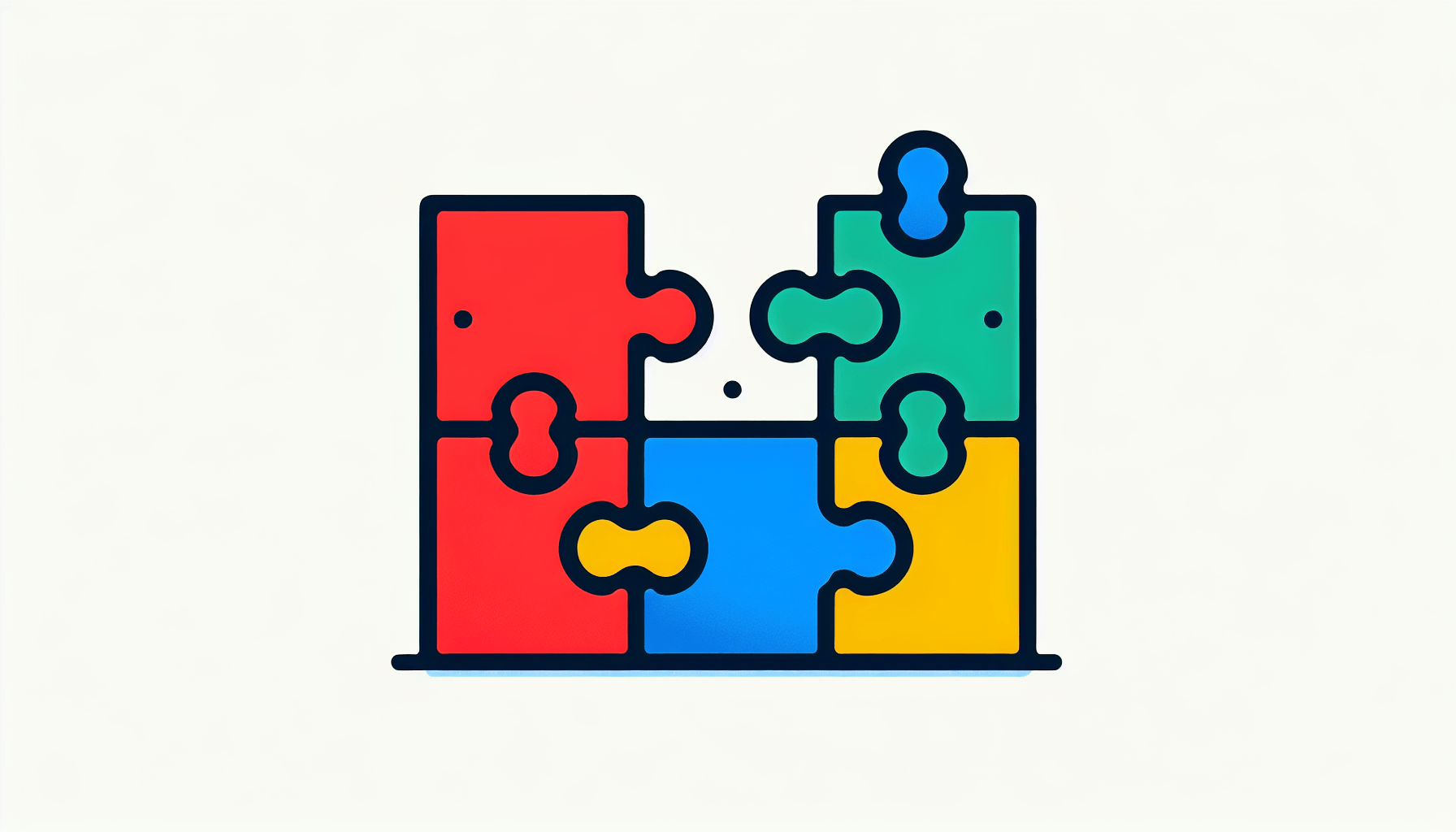 Jigsaw puzzle in flat illustration style and white background, red #f47574, green #88c7a8, yellow #fcc44b, and blue #645bc8 colors.