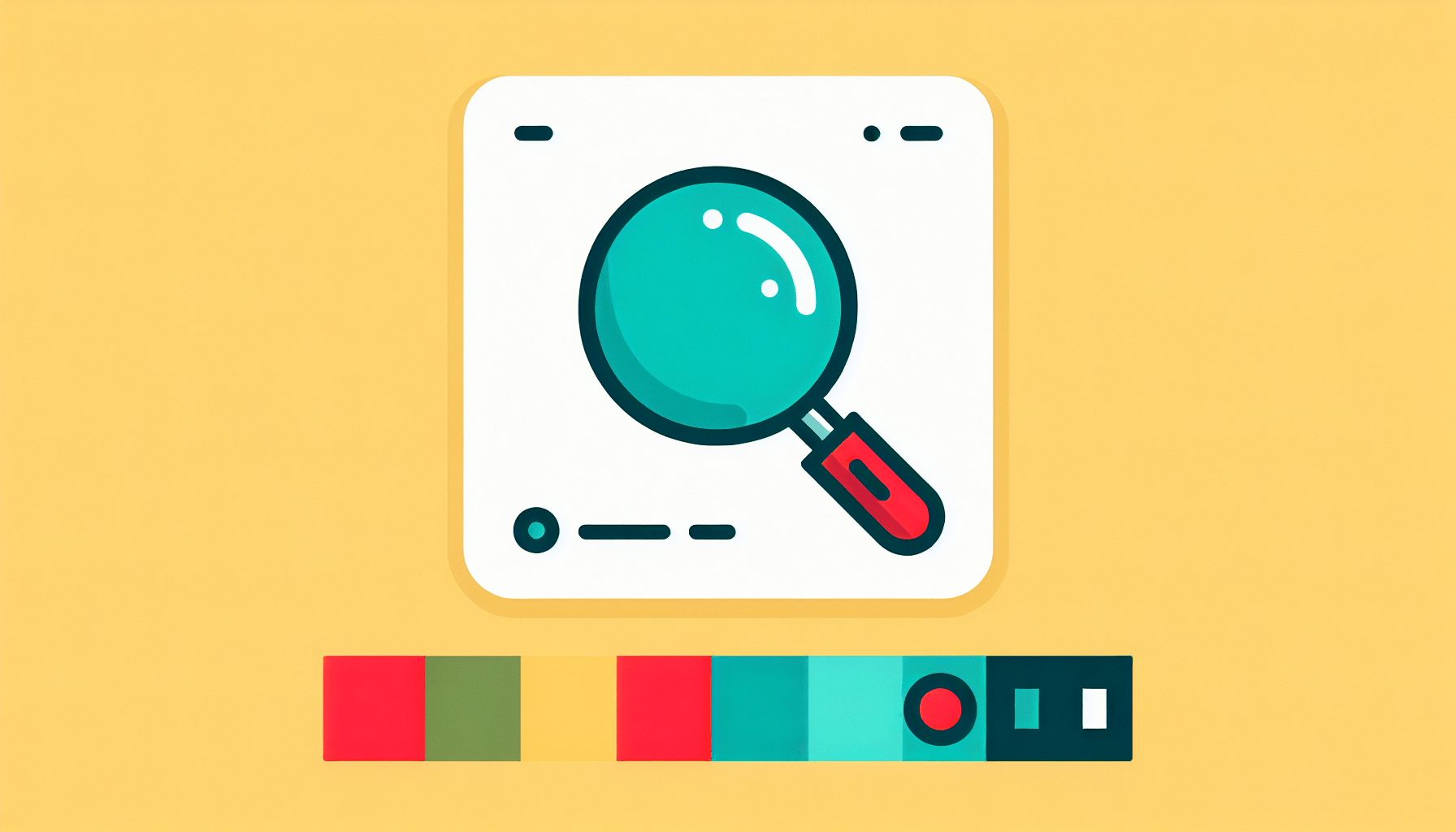 Magnifying glass in flat illustration style and white background, red #f47574, green #88c7a8, yellow #fcc44b, and blue #645bc8 colors.