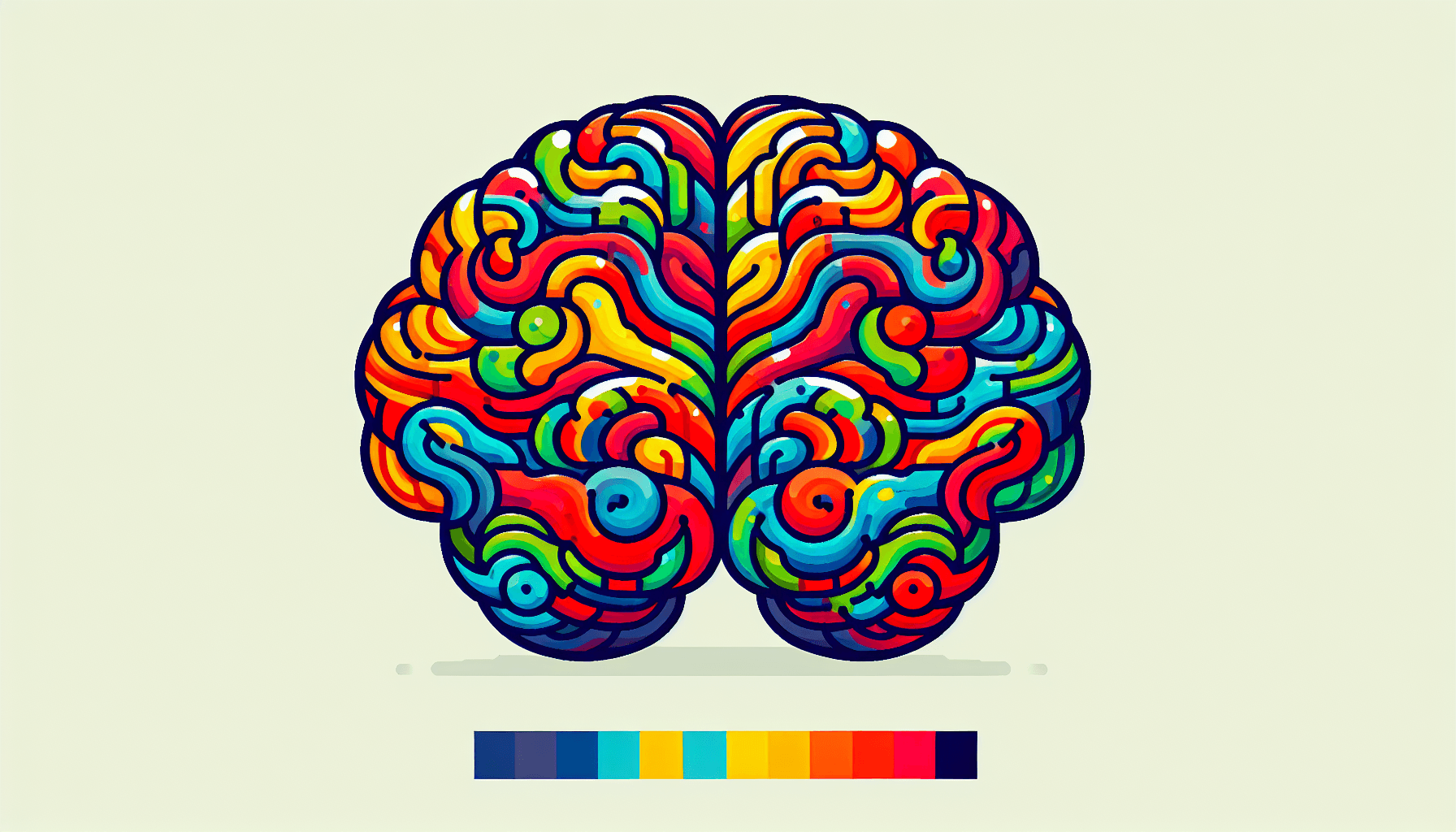 Brain in flat illustration style and white background, red #f47574, green #88c7a8, yellow #fcc44b, and blue #645bc8 colors.