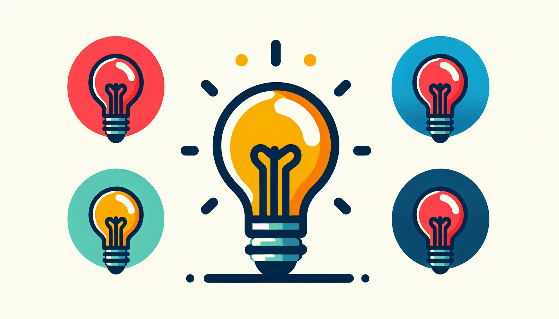 Lightbulb in flat illustration style and white background, red #f47574, green #88c7a8, yellow #fcc44b, and blue #645bc8 colors.