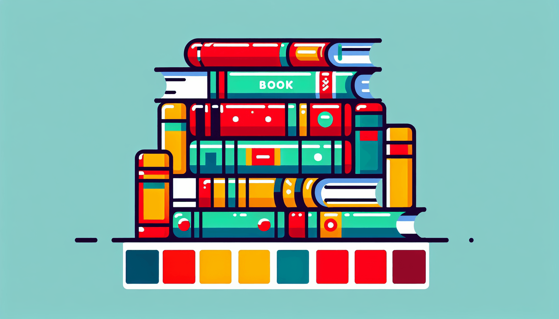 Stacked tomes in flat illustration style and white background, red #f47574, green #88c7a8, yellow #fcc44b, and blue #645bc8 colors.