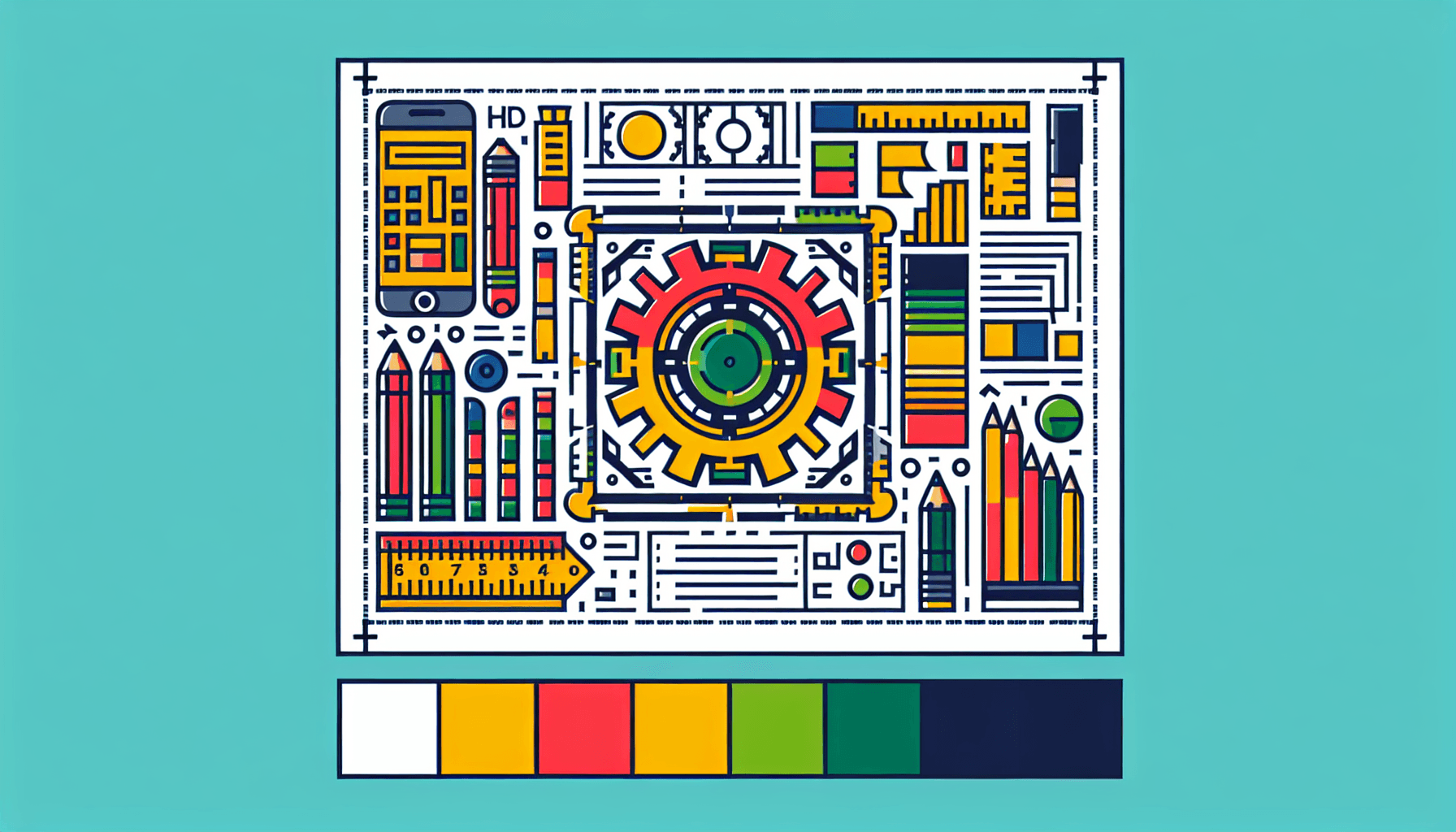 Blueprint in flat illustration style and white background, red #f47574, green #88c7a8, yellow #fcc44b, and blue #645bc8 colors.