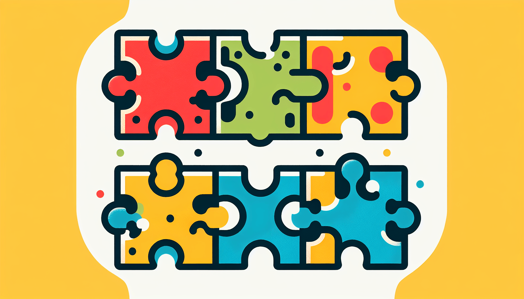 Puzzle pieces in flat illustration style and white background, red #f47574, green #88c7a8, yellow #fcc44b, and blue #645bc8 colors.