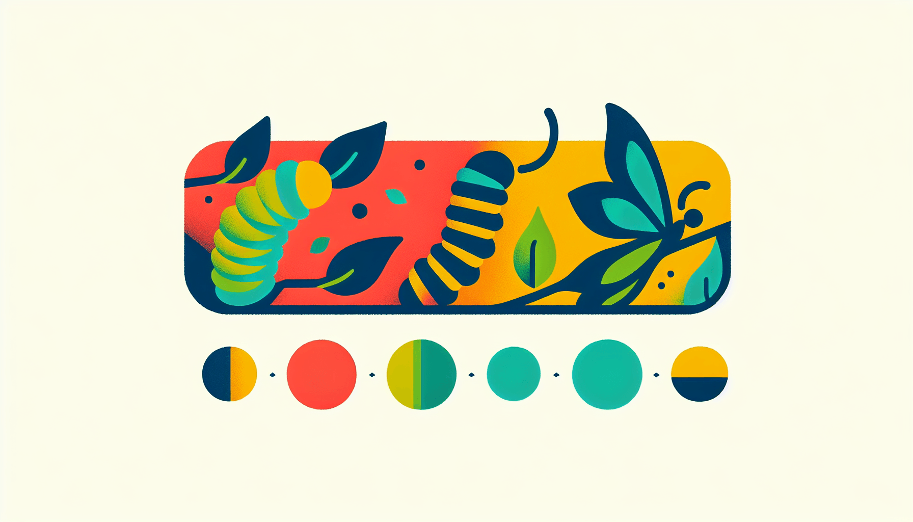 Metamorphosis in flat illustration style and white background, red #f47574, green #88c7a8, yellow #fcc44b, and blue #645bc8 colors.