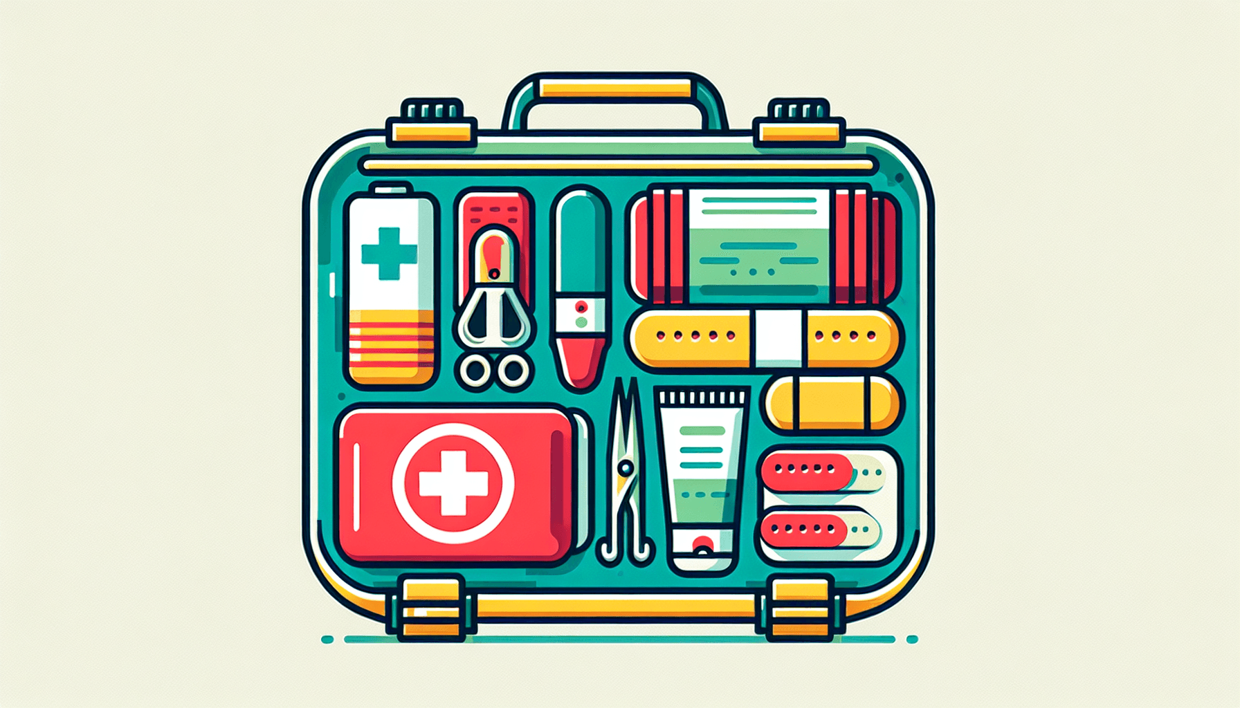 First-aid kit in flat illustration style and white background, red #f47574, green #88c7a8, yellow #fcc44b, and blue #645bc8 colors.