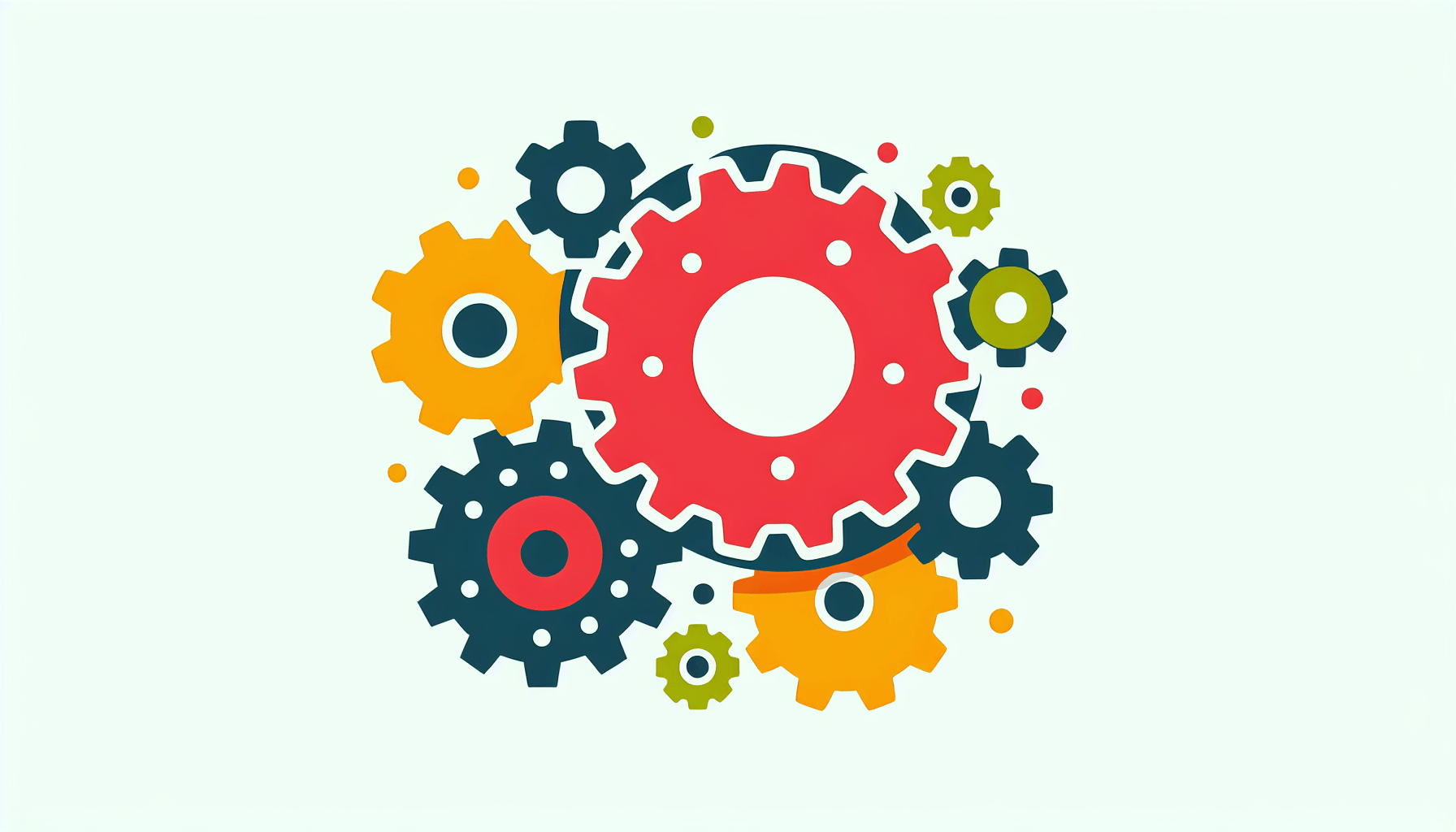 Gear in flat illustration style and white background, red #f47574, green #88c7a8, yellow #fcc44b, and blue #645bc8 colors.