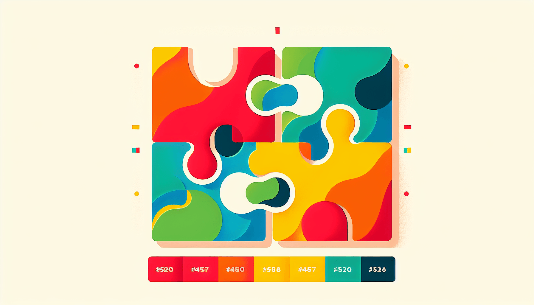 Puzzle in flat illustration style and white background, red #f47574, green #88c7a8, yellow #fcc44b, and blue #645bc8 colors.