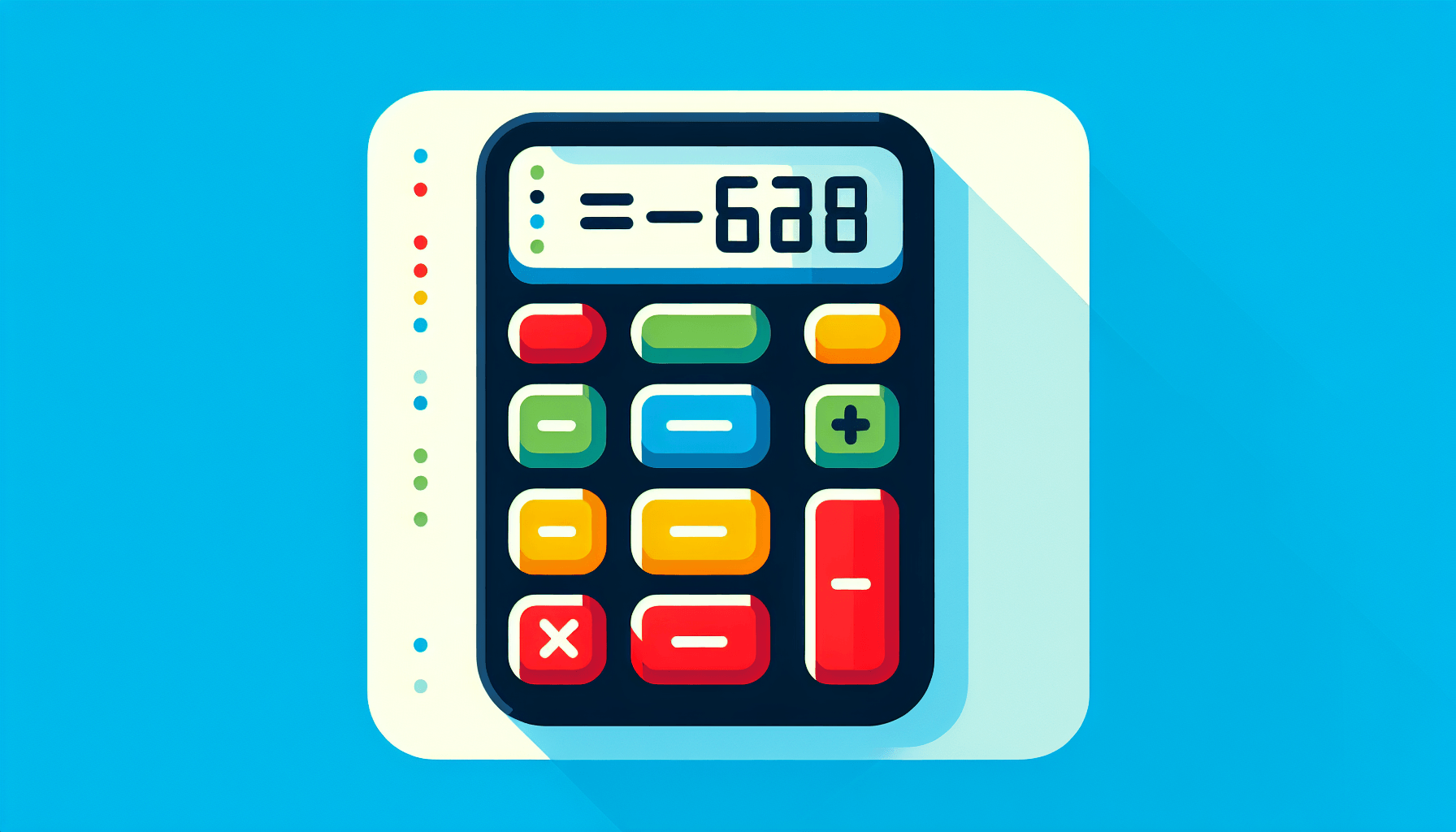 Calculator in flat illustration style and white background, red #f47574, green #88c7a8, yellow #fcc44b, and blue #645bc8 colors.