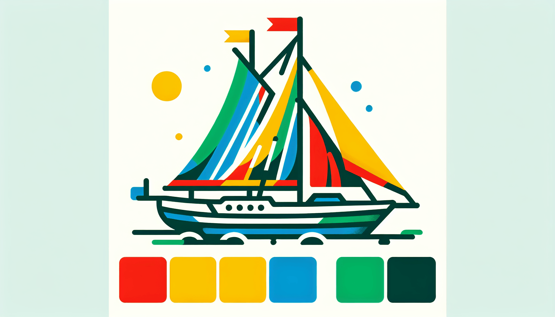Sailboat in flat illustration style and white background, red #f47574, green #88c7a8, yellow #fcc44b, and blue #645bc8 colors.