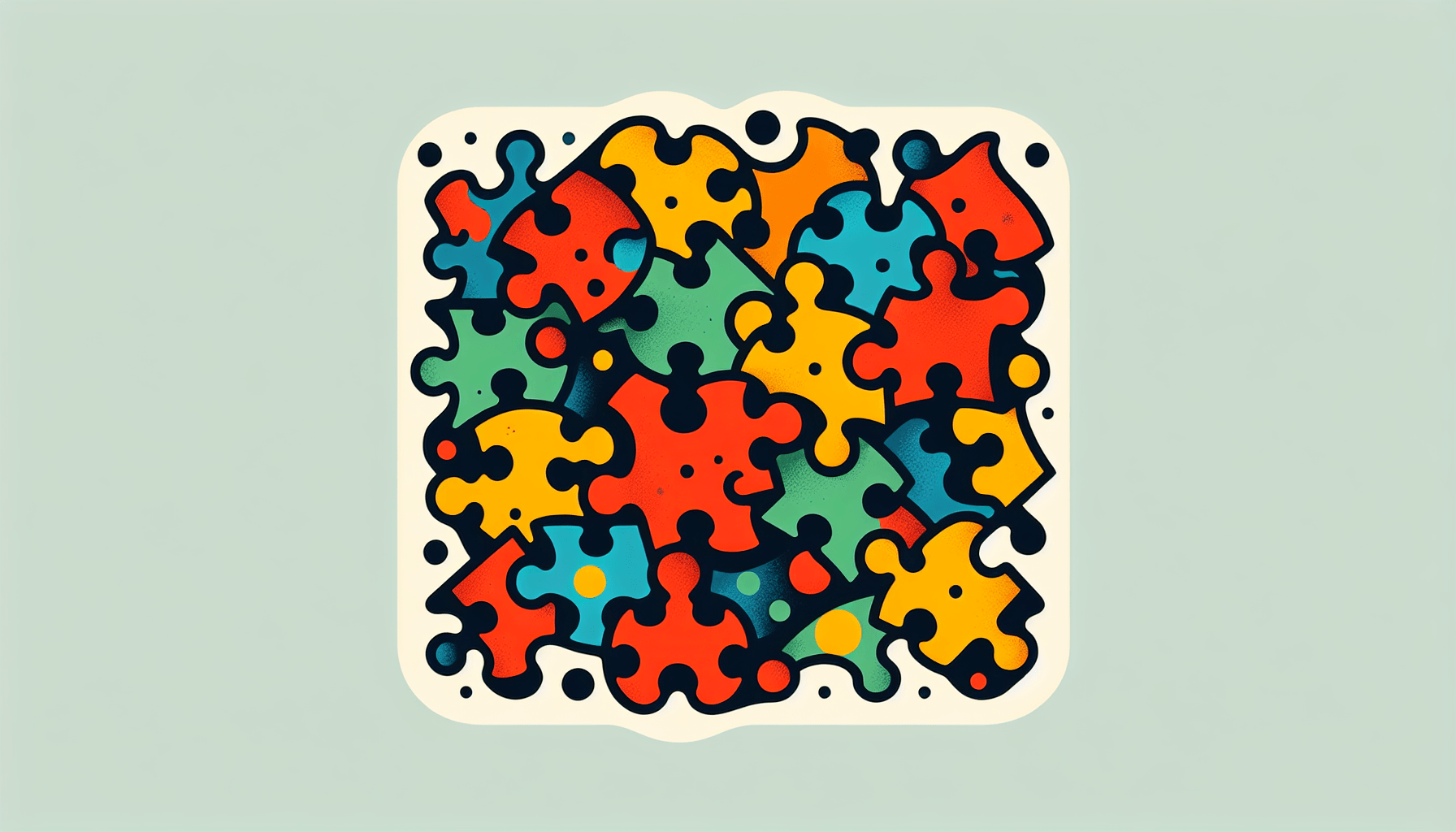 Puzzle in flat illustration style and white background, red #f47574, green #88c7a8, yellow #fcc44b, and blue #645bc8 colors.