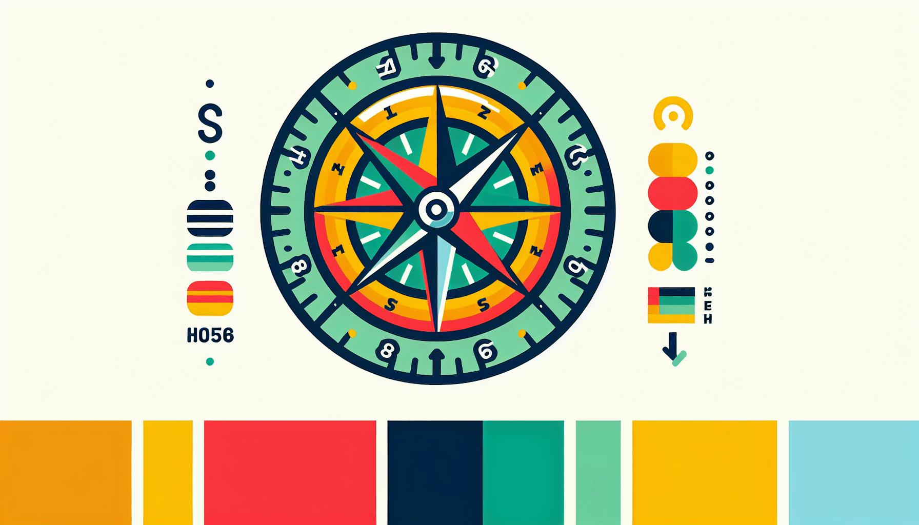 Compass in flat illustration style and white background, red #f47574, green #88c7a8, yellow #fcc44b, and blue #645bc8 colors.
