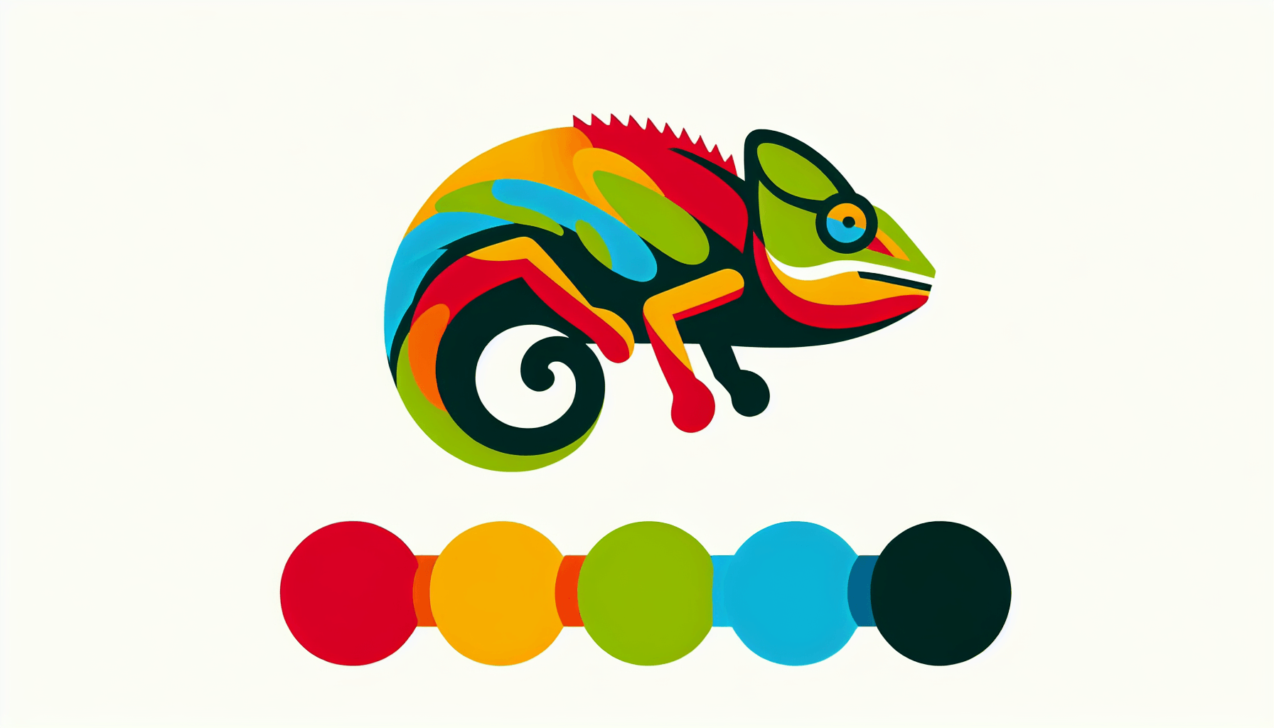 Chameleon in flat illustration style and white background, red #f47574, green #88c7a8, yellow #fcc44b, and blue #645bc8 colors.