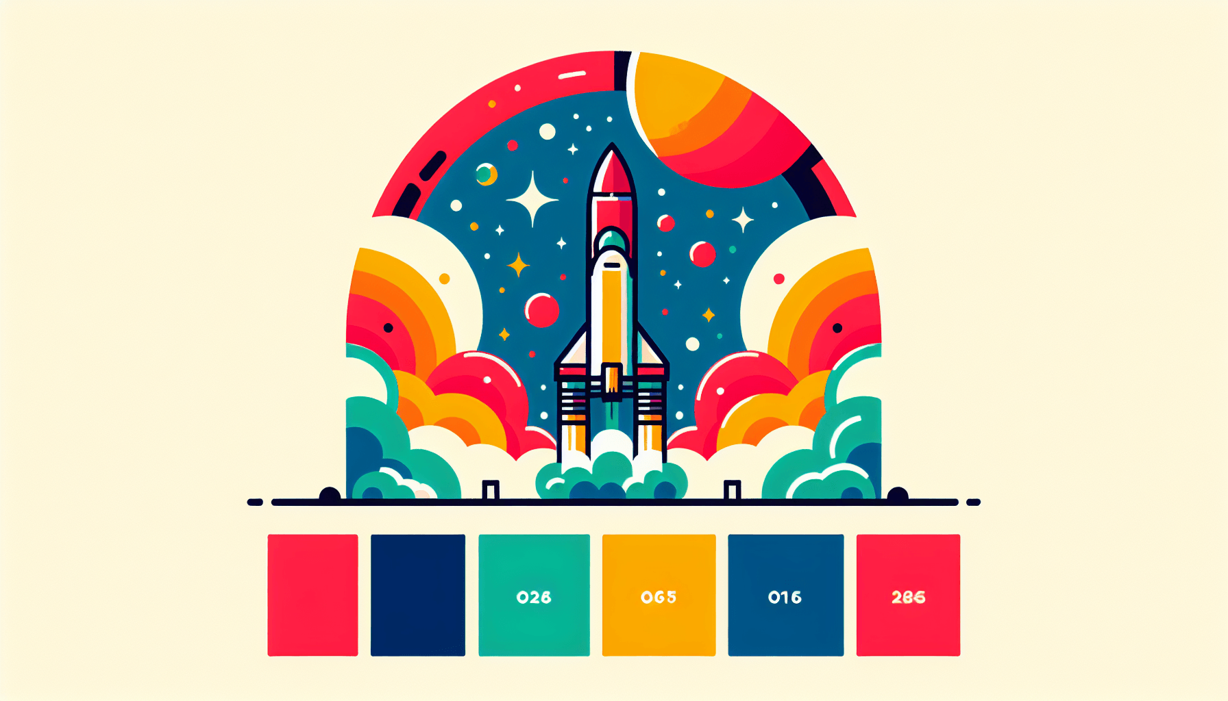 Launching pad in flat illustration style and white background, red #f47574, green #88c7a8, yellow #fcc44b, and blue #645bc8 colors.