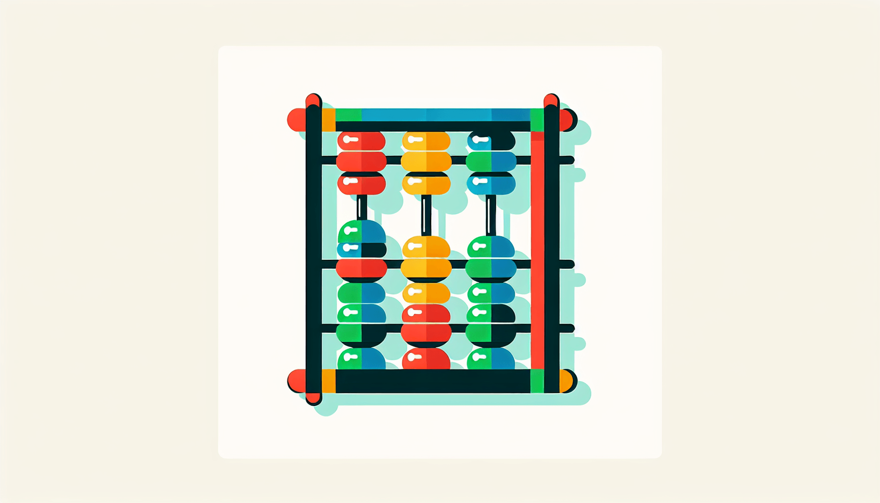Abacus in flat illustration style and white background, red #f47574, green #88c7a8, yellow #fcc44b, and blue #645bc8 colors.