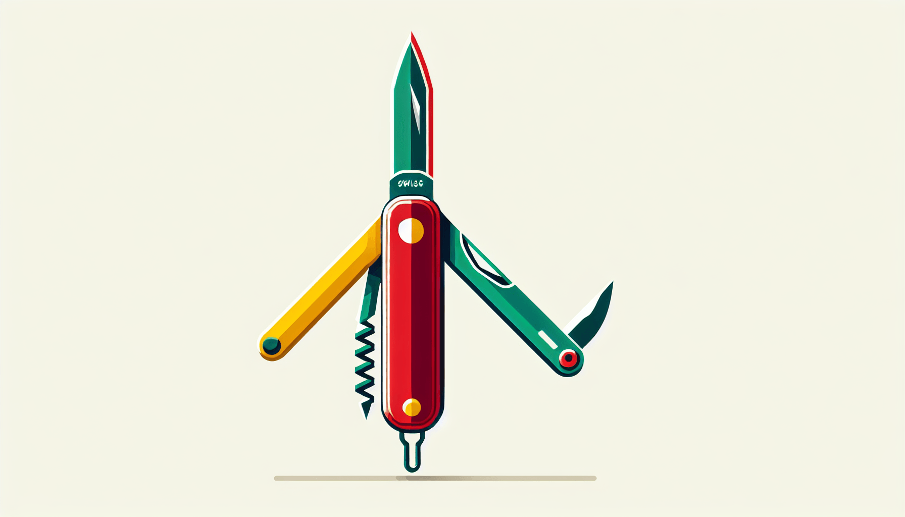Swiss knife in flat illustration style and white background, red #f47574, green #88c7a8, yellow #fcc44b, and blue #645bc8 colors.