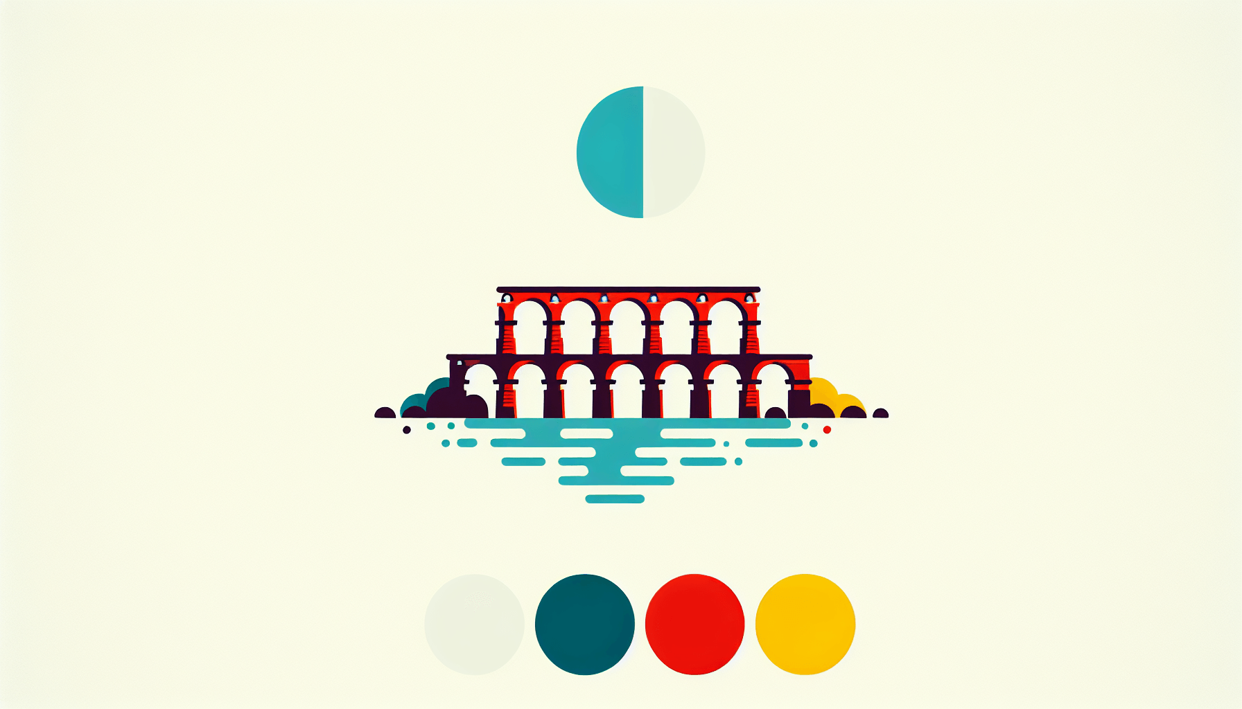 Aqueduct in flat illustration style and white background, red #f47574, green #88c7a8, yellow #fcc44b, and blue #645bc8 colors.
