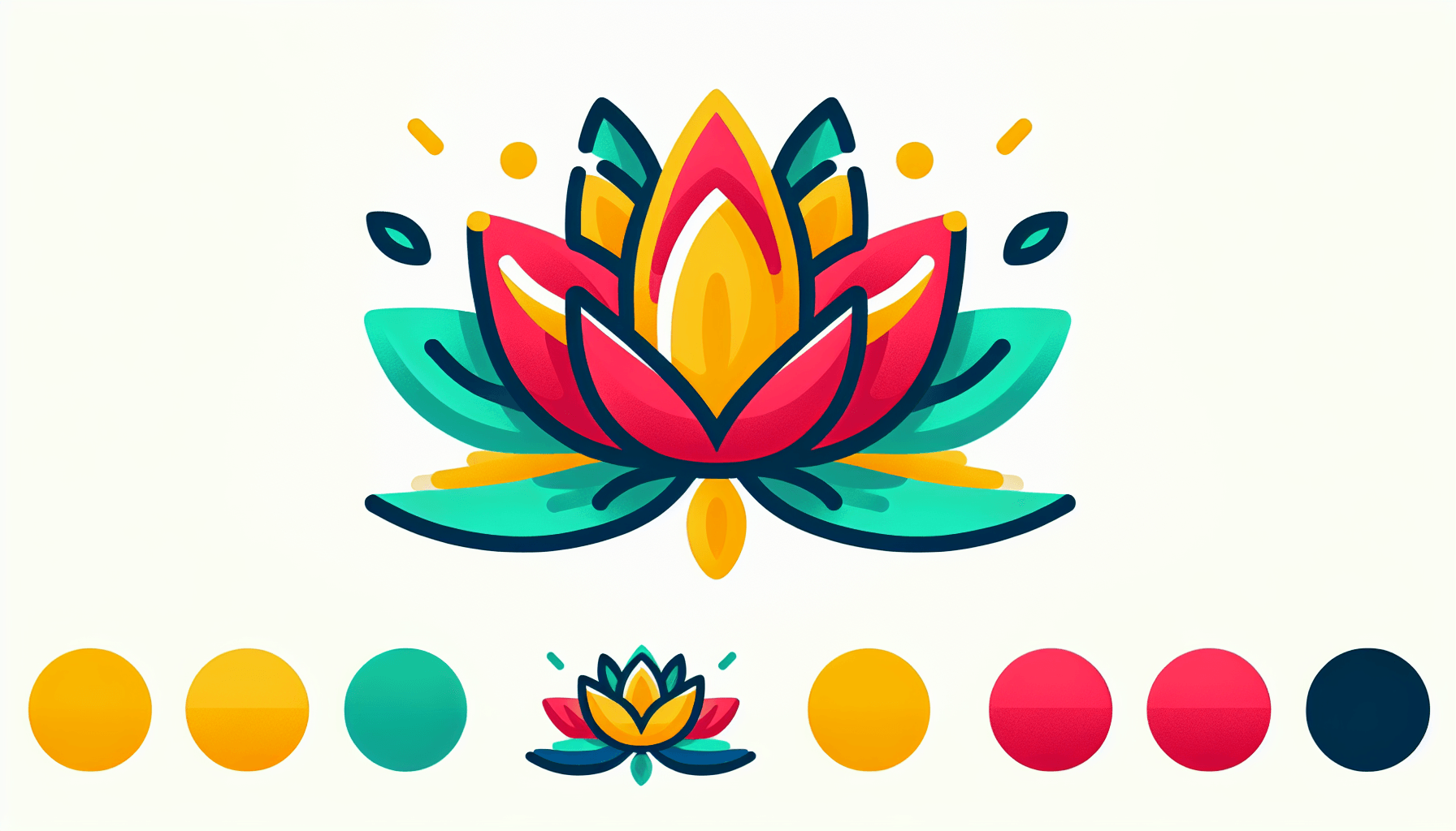 Lotus flower in flat illustration style and white background, red #f47574, green #88c7a8, yellow #fcc44b, and blue #645bc8 colors.