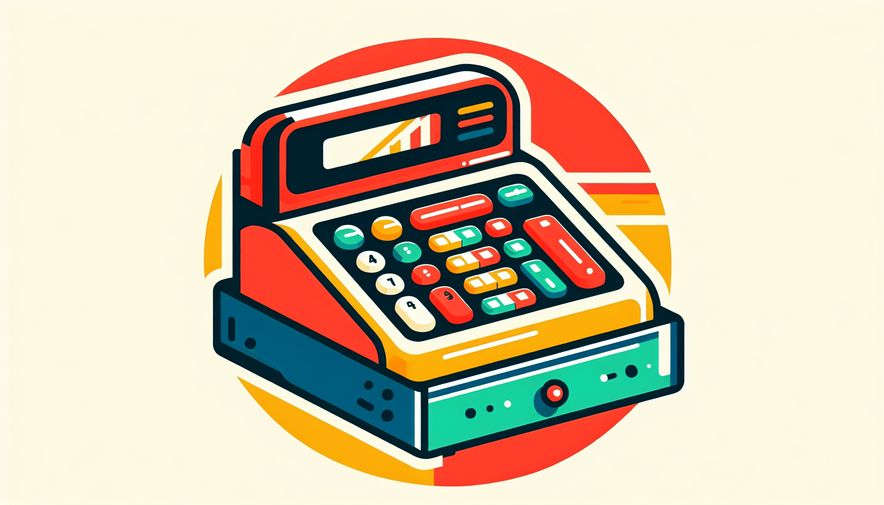Cash register in flat illustration style and white background, red #f47574, green #88c7a8, yellow #fcc44b, and blue #645bc8 colors.