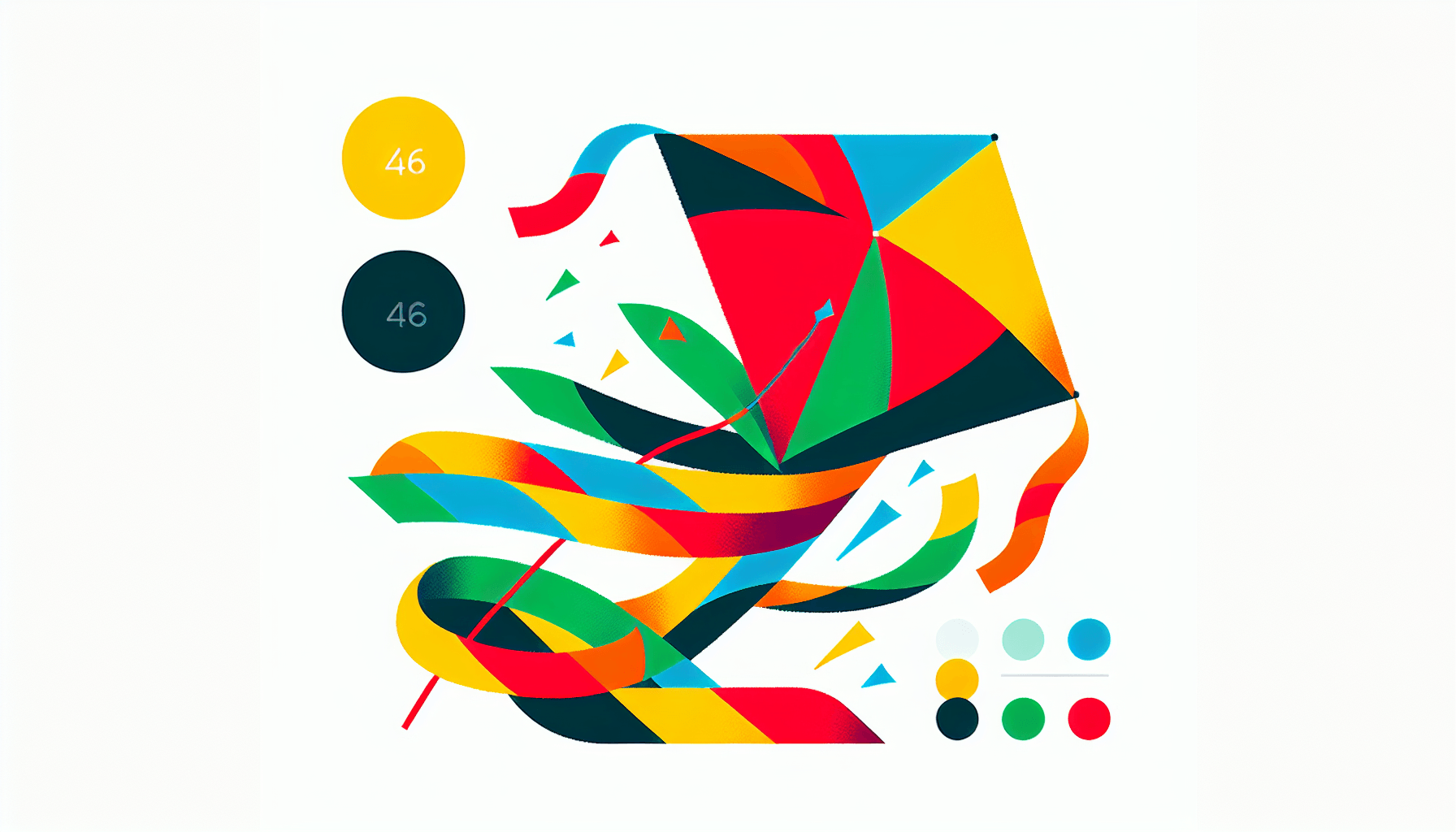 Kite in flat illustration style and white background, red #f47574, green #88c7a8, yellow #fcc44b, and blue #645bc8 colors.
