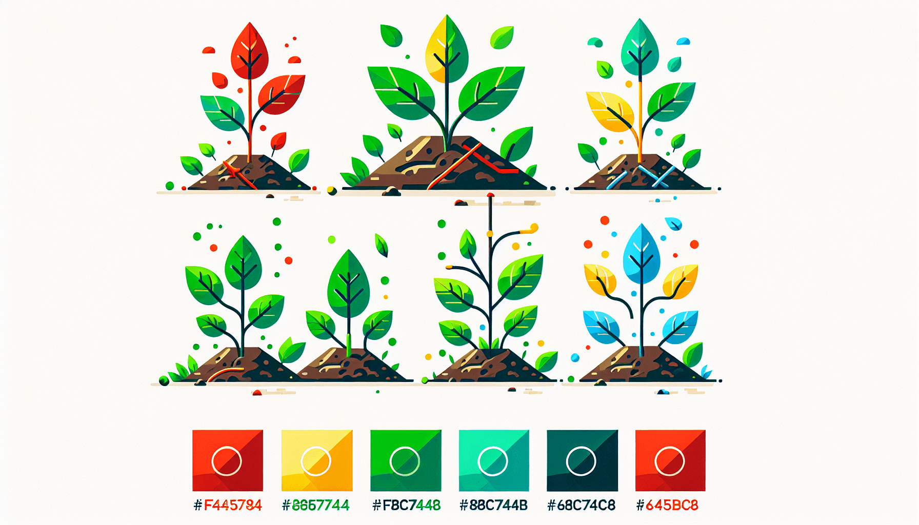 Seedlings in flat illustration style and white background, red #f47574, green #88c7a8, yellow #fcc44b, and blue #645bc8 colors.