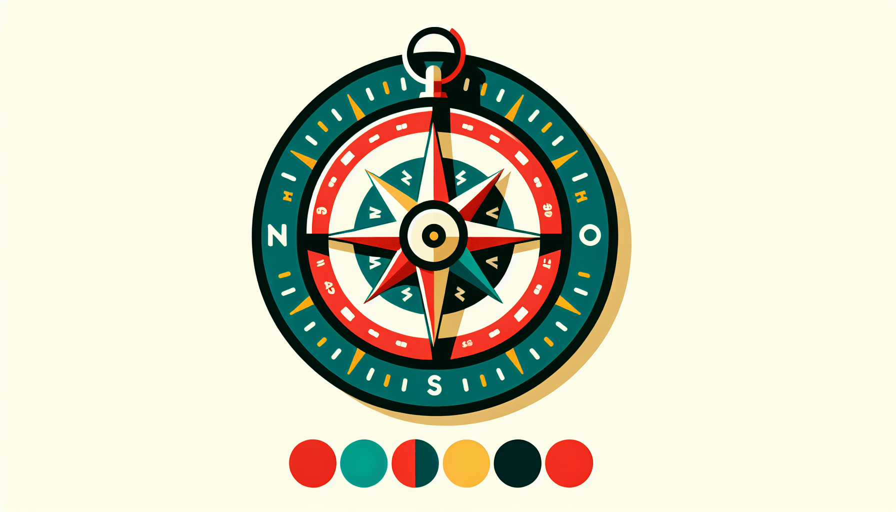 Compass in flat illustration style and white background, red #f47574, green #88c7a8, yellow #fcc44b, and blue #645bc8 colors.