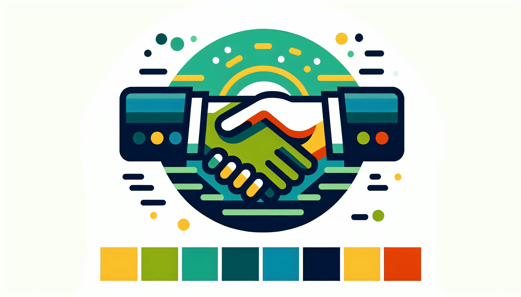 Handshake in flat illustration style and white background, red #f47574, green #88c7a8, yellow #fcc44b, and blue #645bc8 colors.