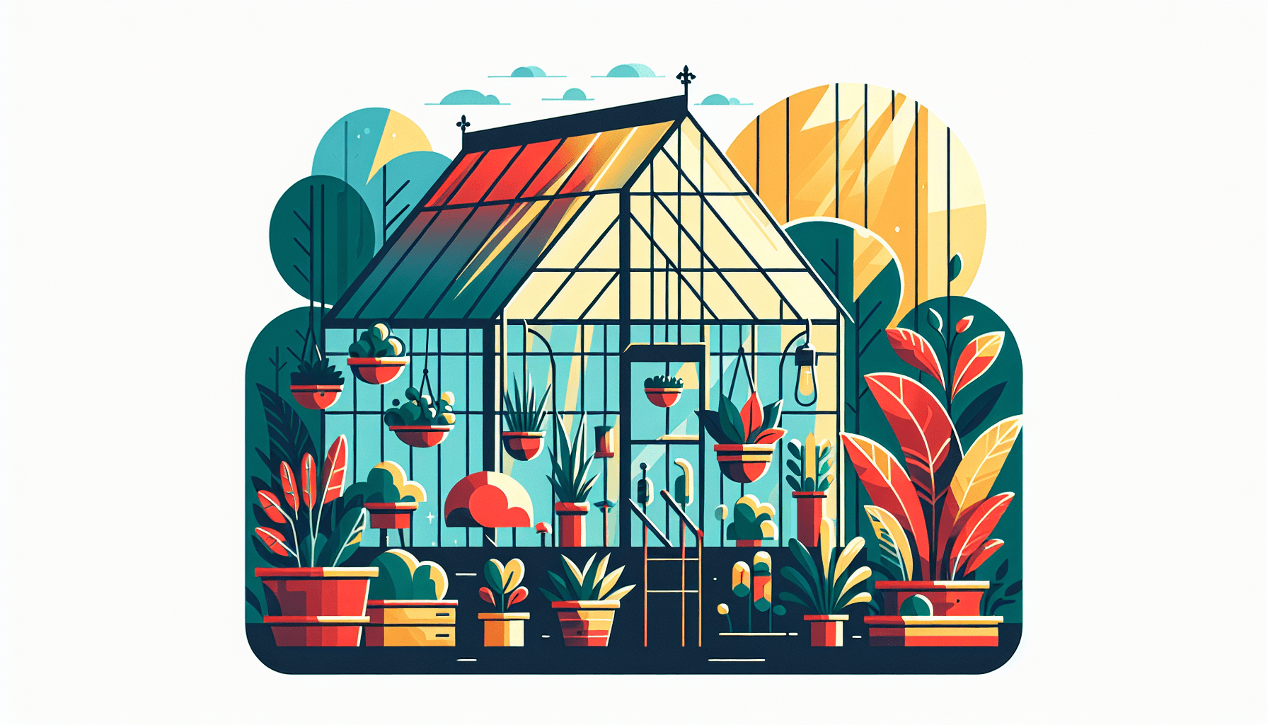 Greenhouse in flat illustration style and white background, red #f47574, green #88c7a8, yellow #fcc44b, and blue #645bc8 colors.