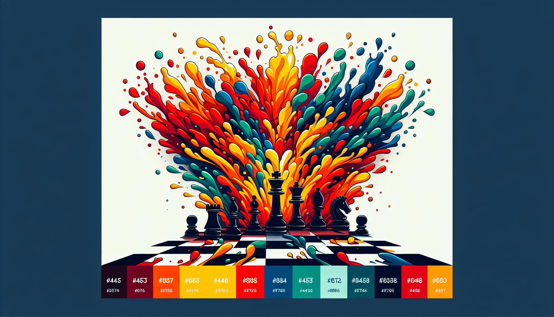 Chessboard in flat illustration style and white background, red #f47574, green #88c7a8, yellow #fcc44b, and blue #645bc8 colors.