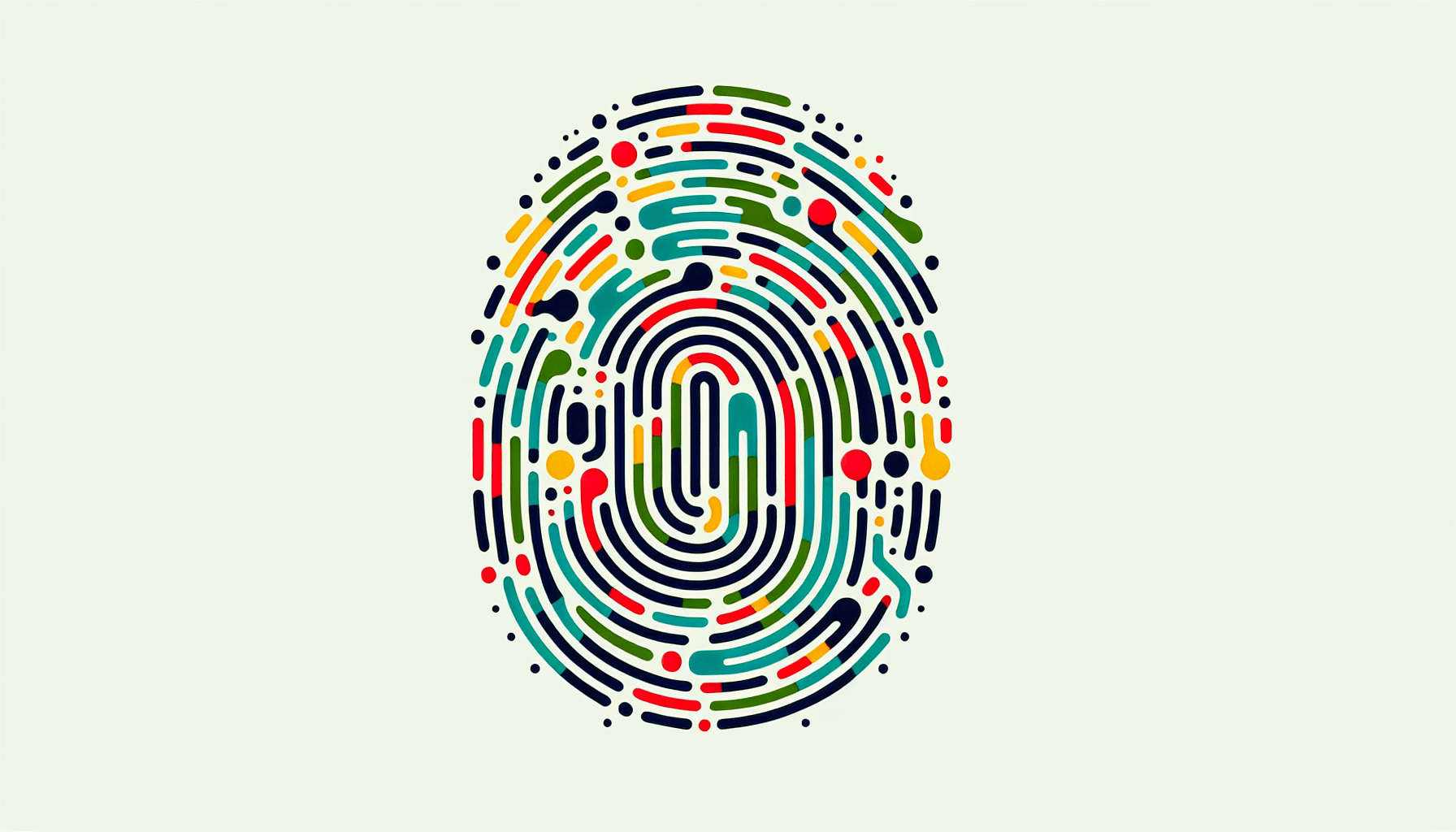 Fingerprint in flat illustration style and white background, red #f47574, green #88c7a8, yellow #fcc44b, and blue #645bc8 colors.
