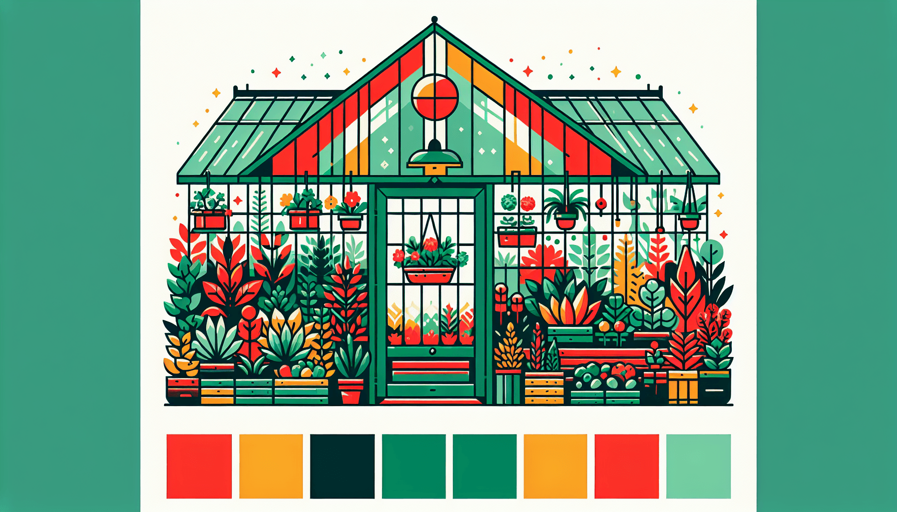 Greenhouse in flat illustration style and white background, red #f47574, green #88c7a8, yellow #fcc44b, and blue #645bc8 colors.
