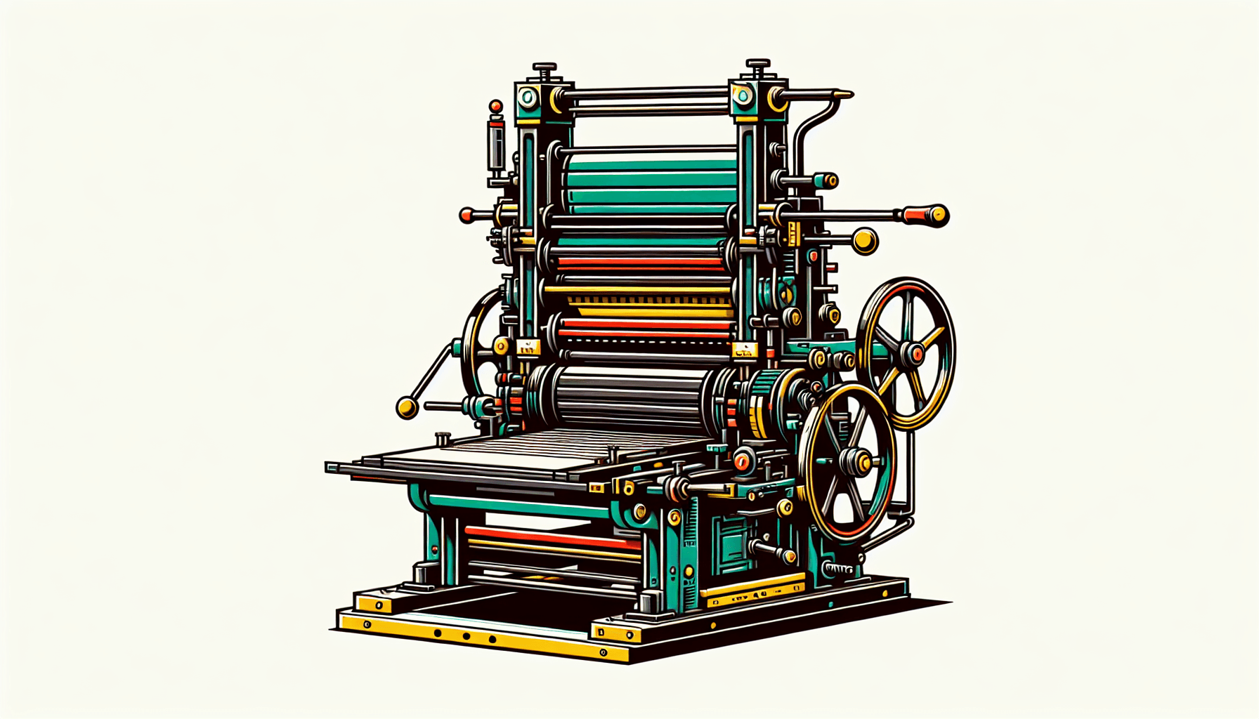 Printing press in flat illustration style and white background, red #f47574, green #88c7a8, yellow #fcc44b, and blue #645bc8 colors.
