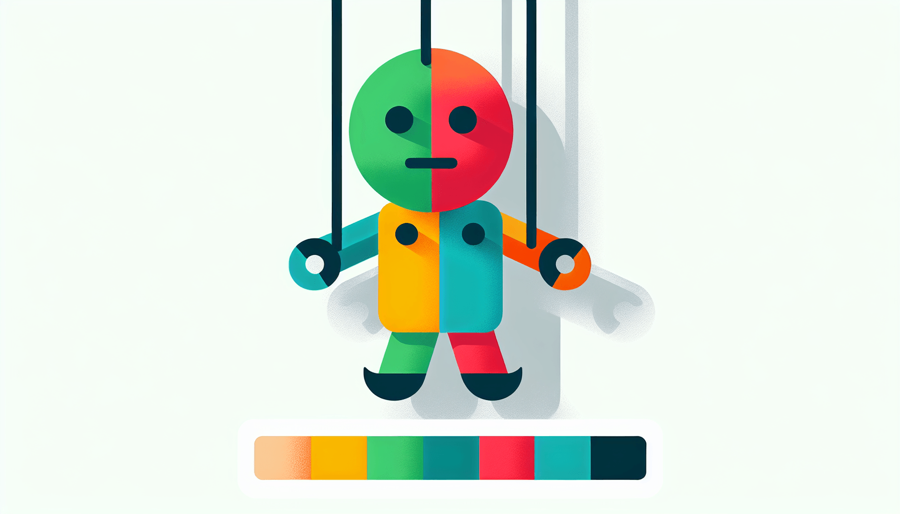 Puppet in flat illustration style and white background, red #f47574, green #88c7a8, yellow #fcc44b, and blue #645bc8 colors.