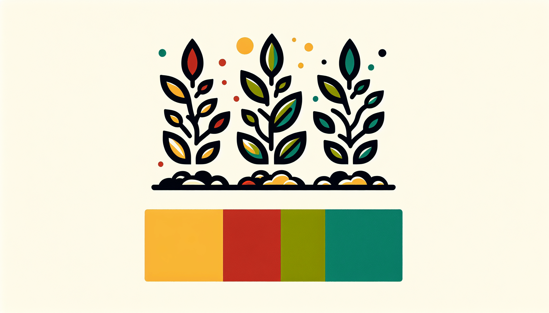 Seedlings in flat illustration style and white background, red #f47574, green #88c7a8, yellow #fcc44b, and blue #645bc8 colors.