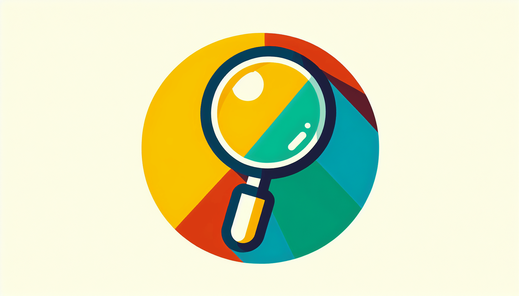 Magnifying glass in flat illustration style and white background, red #f47574, green #88c7a8, yellow #fcc44b, and blue #645bc8 colors.