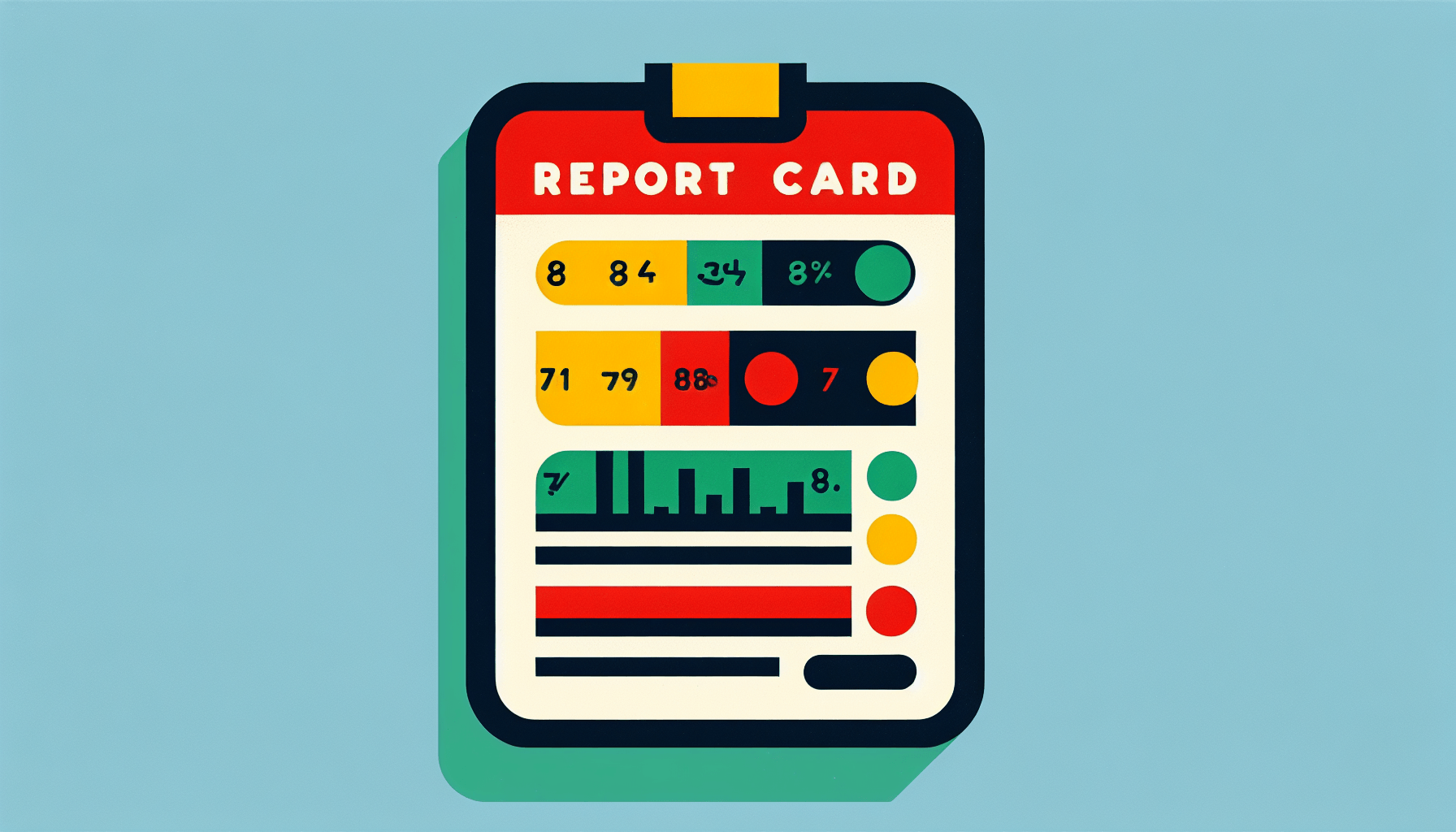 Report card in flat illustration style and white background, red #f47574, green #88c7a8, yellow #fcc44b, and blue #645bc8 colors.