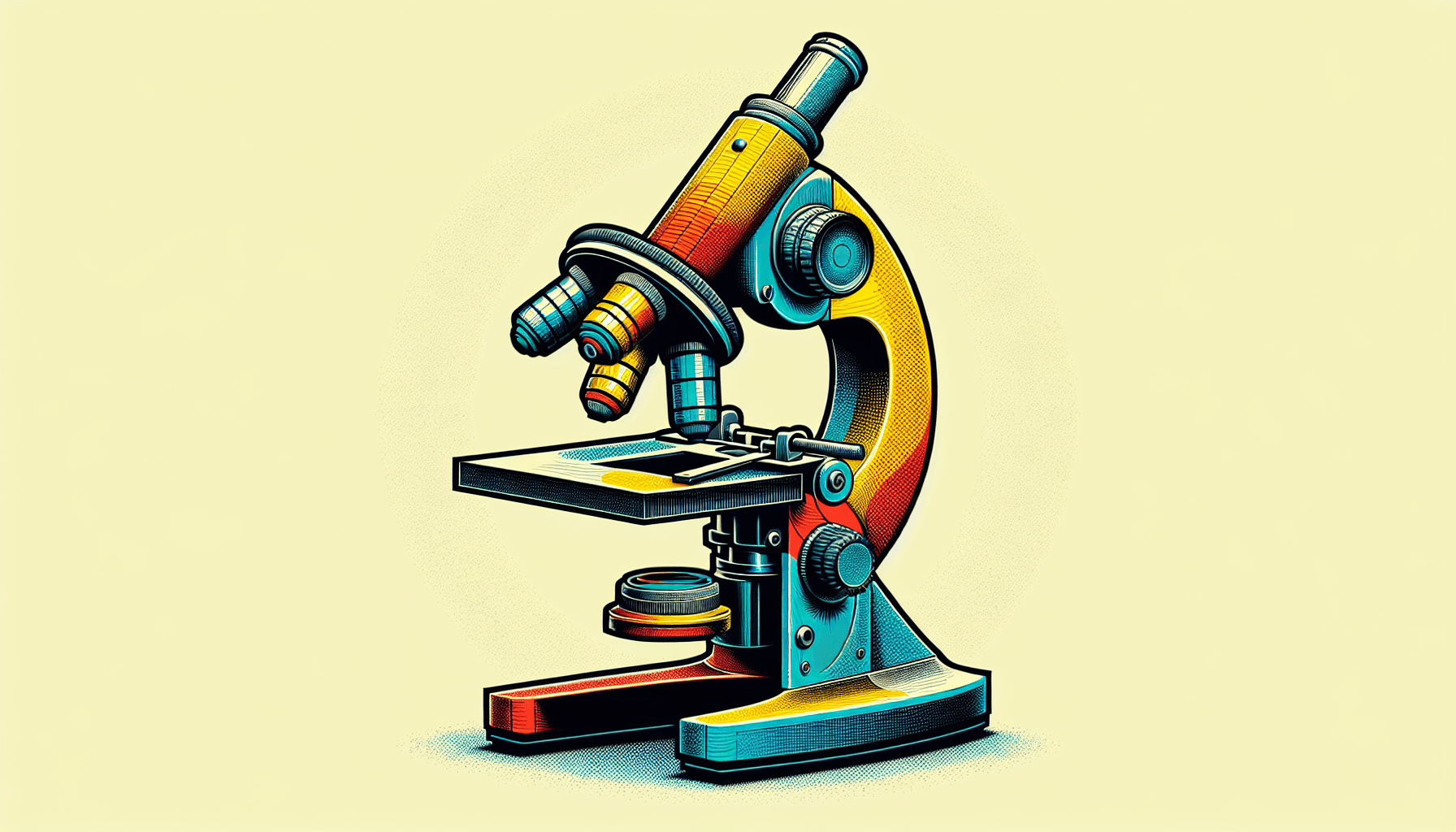 Microscope in flat illustration style and white background, red #f47574, green #88c7a8, yellow #fcc44b, and blue #645bc8 colors.