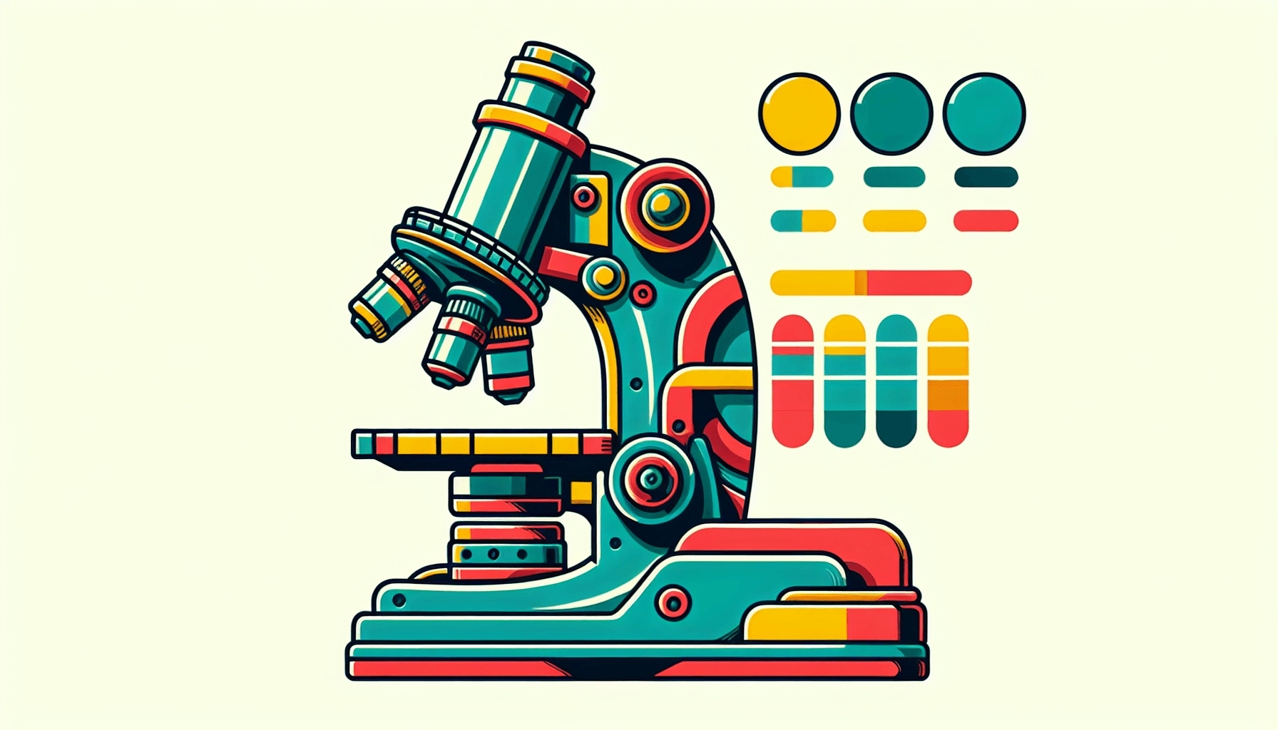 Microscope in flat illustration style and white background, red #f47574, green #88c7a8, yellow #fcc44b, and blue #645bc8 colors.
