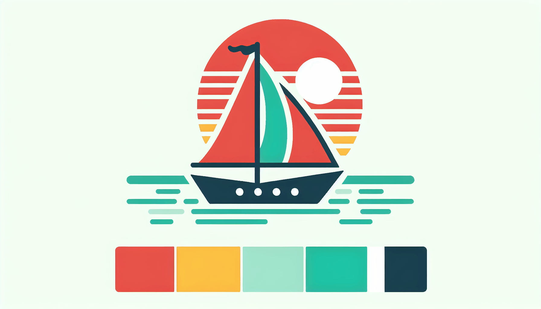 Sailboat in flat illustration style and white background, red #f47574, green #88c7a8, yellow #fcc44b, and blue #645bc8 colors.