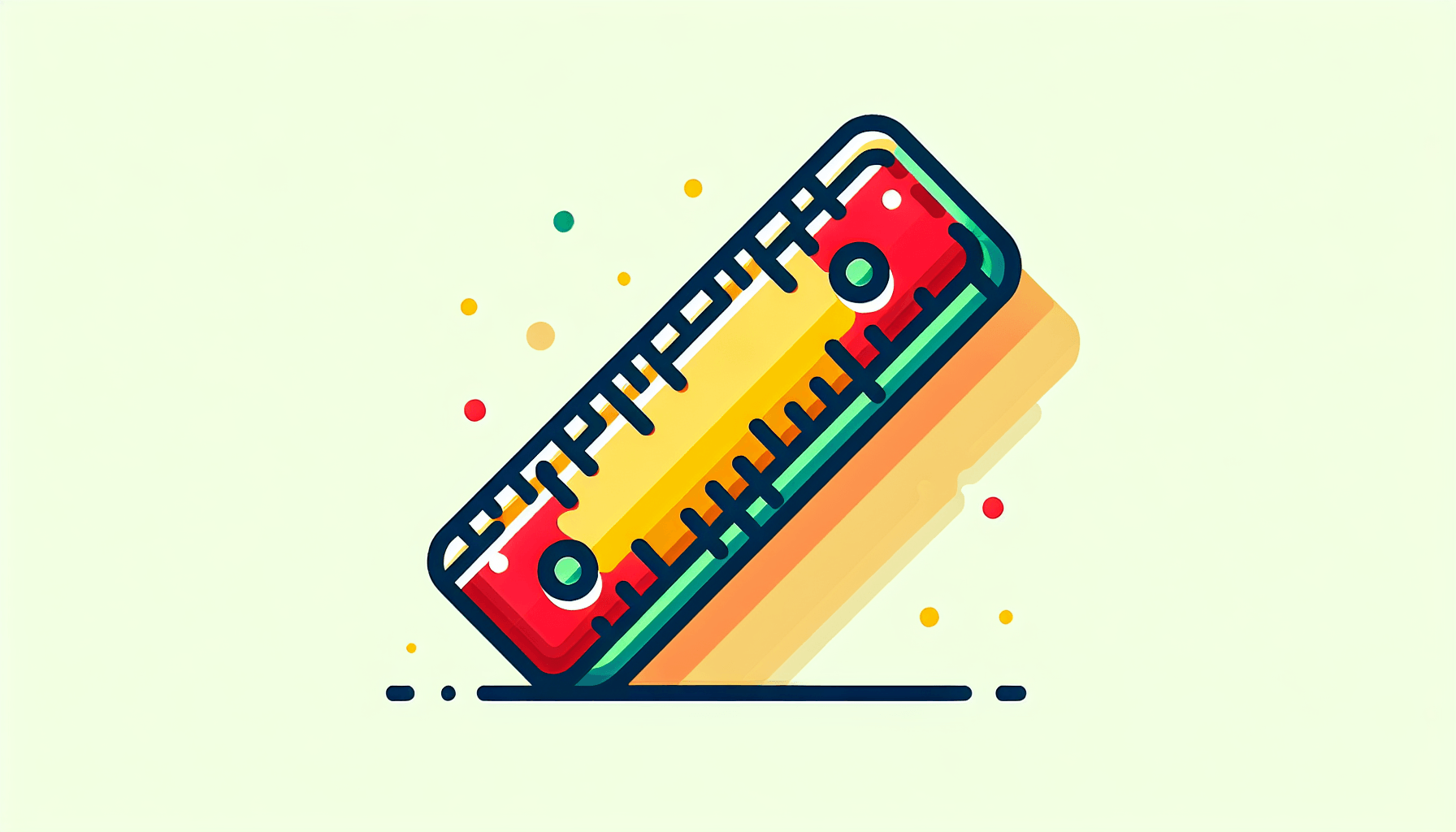 Ruler in flat illustration style and white background, red #f47574, green #88c7a8, yellow #fcc44b, and blue #645bc8 colors.