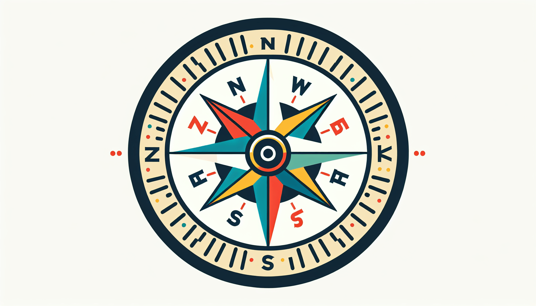 Compass in flat illustration style and white background, red #f47574, green #88c7a8, yellow #fcc44b, and blue #645bc8 colors.