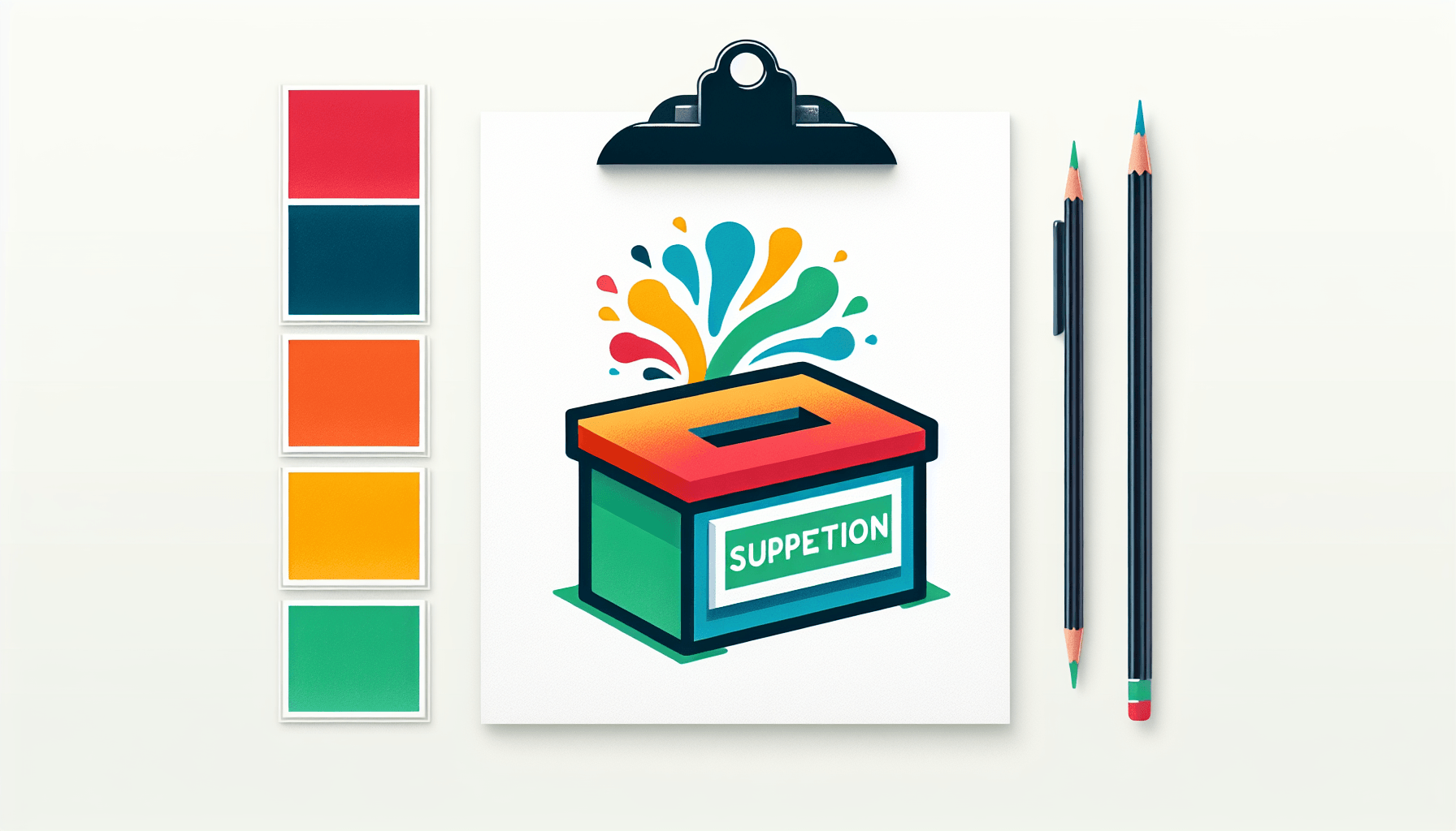 Suggestion box in flat illustration style and white background, red #f47574, green #88c7a8, yellow #fcc44b, and blue #645bc8 colors.