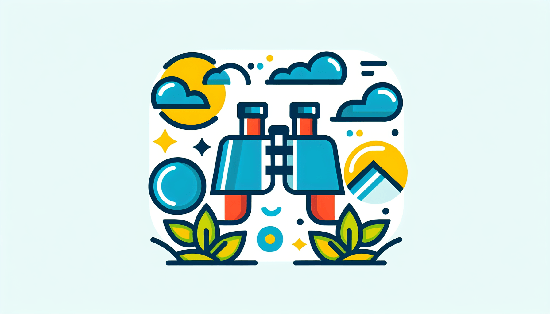 Binoculars in flat illustration style and white background, red #f47574, green #88c7a8, yellow #fcc44b, and blue #645bc8 colors.
