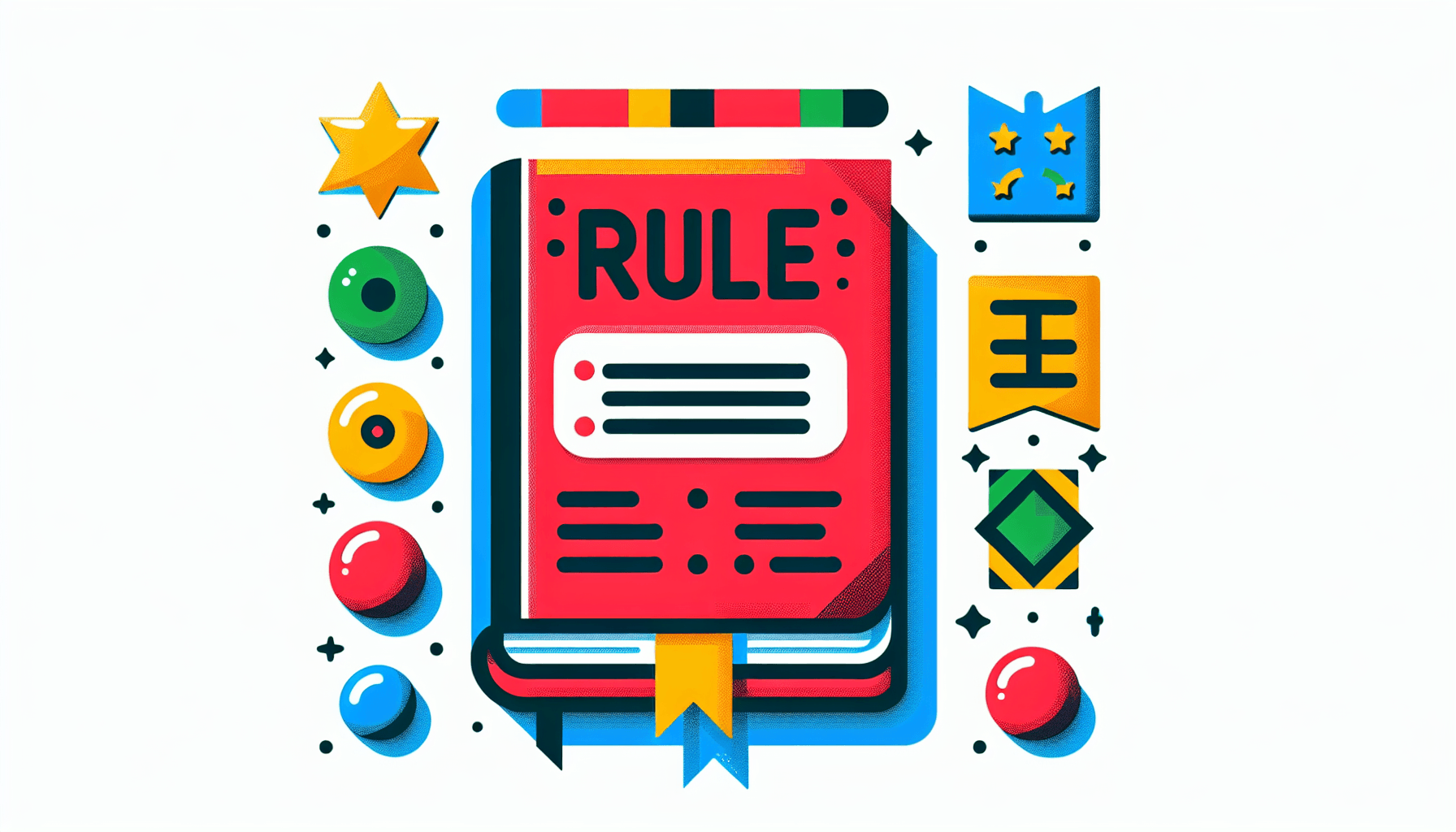 Rulebook in flat illustration style and white background, red #f47574, green #88c7a8, yellow #fcc44b, and blue #645bc8 colors.