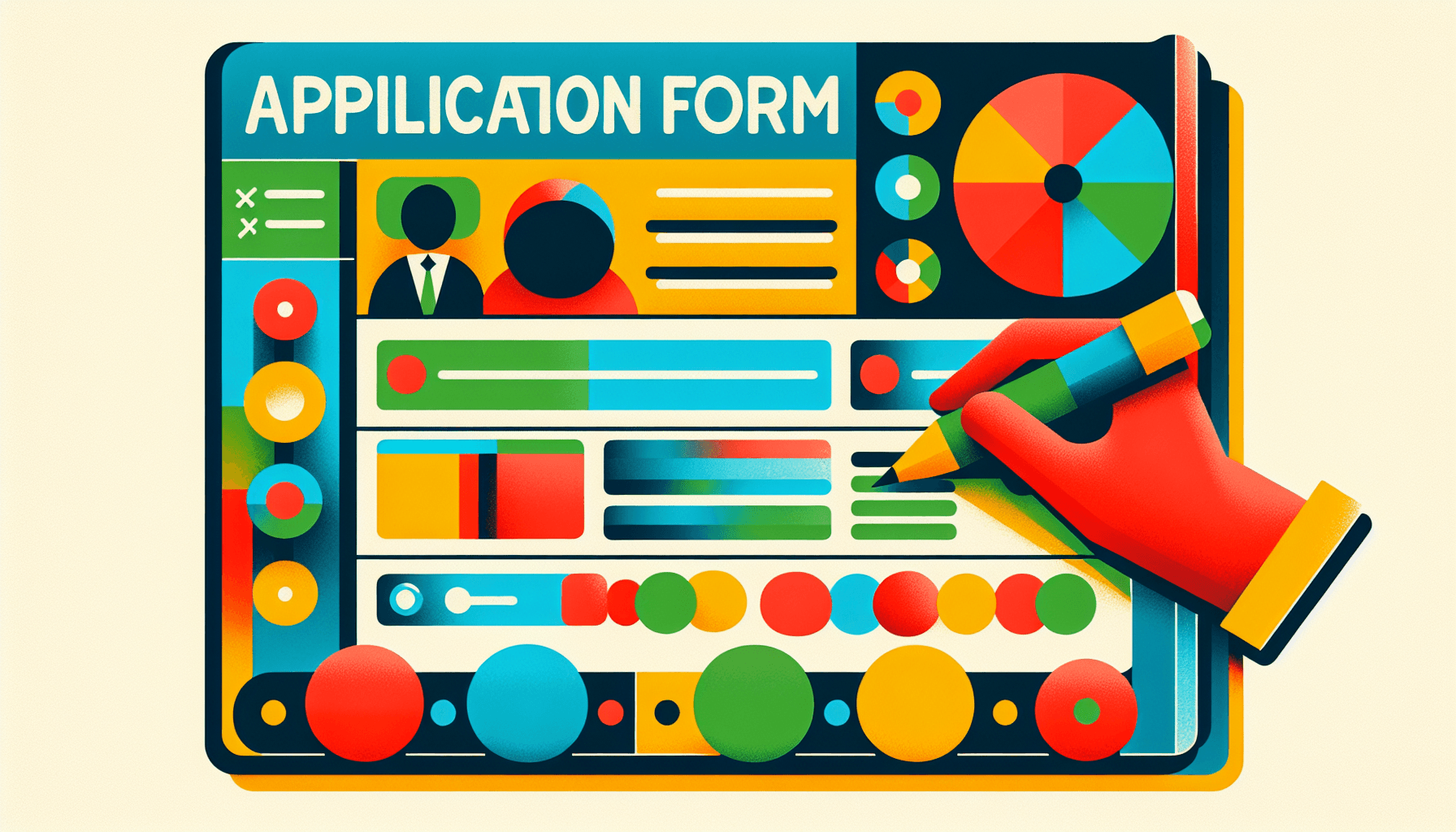 Application form in flat illustration style and white background, red #f47574, green #88c7a8, yellow #fcc44b, and blue #645bc8 colors.
