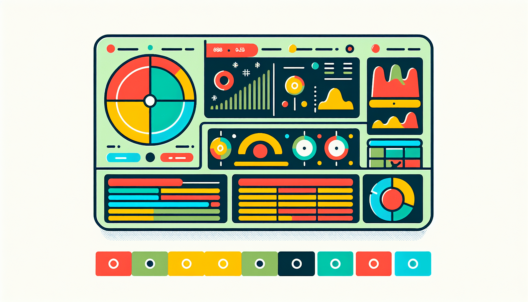 Dashboard in flat illustration style and white background, red #f47574, green #88c7a8, yellow #fcc44b, and blue #645bc8 colors.