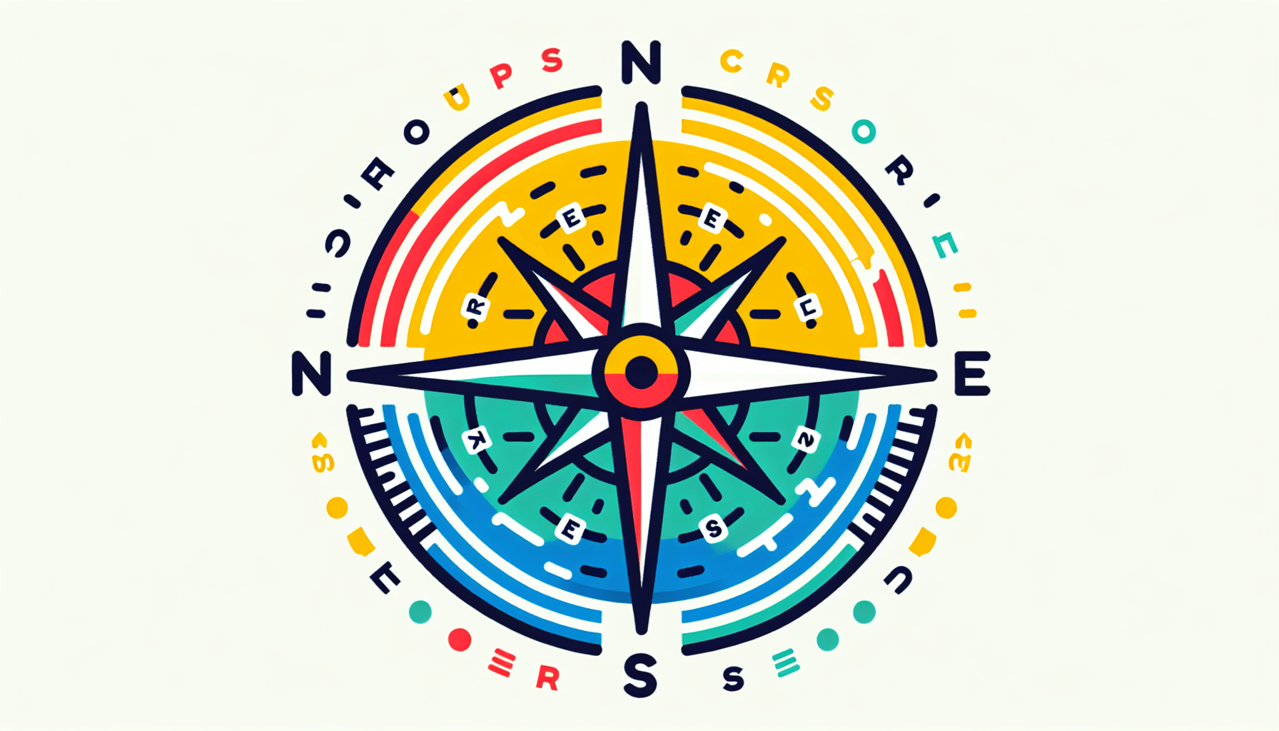 Compass in flat illustration style and white background, red #f47574, green #88c7a8, yellow #fcc44b, and blue #645bc8 colors.